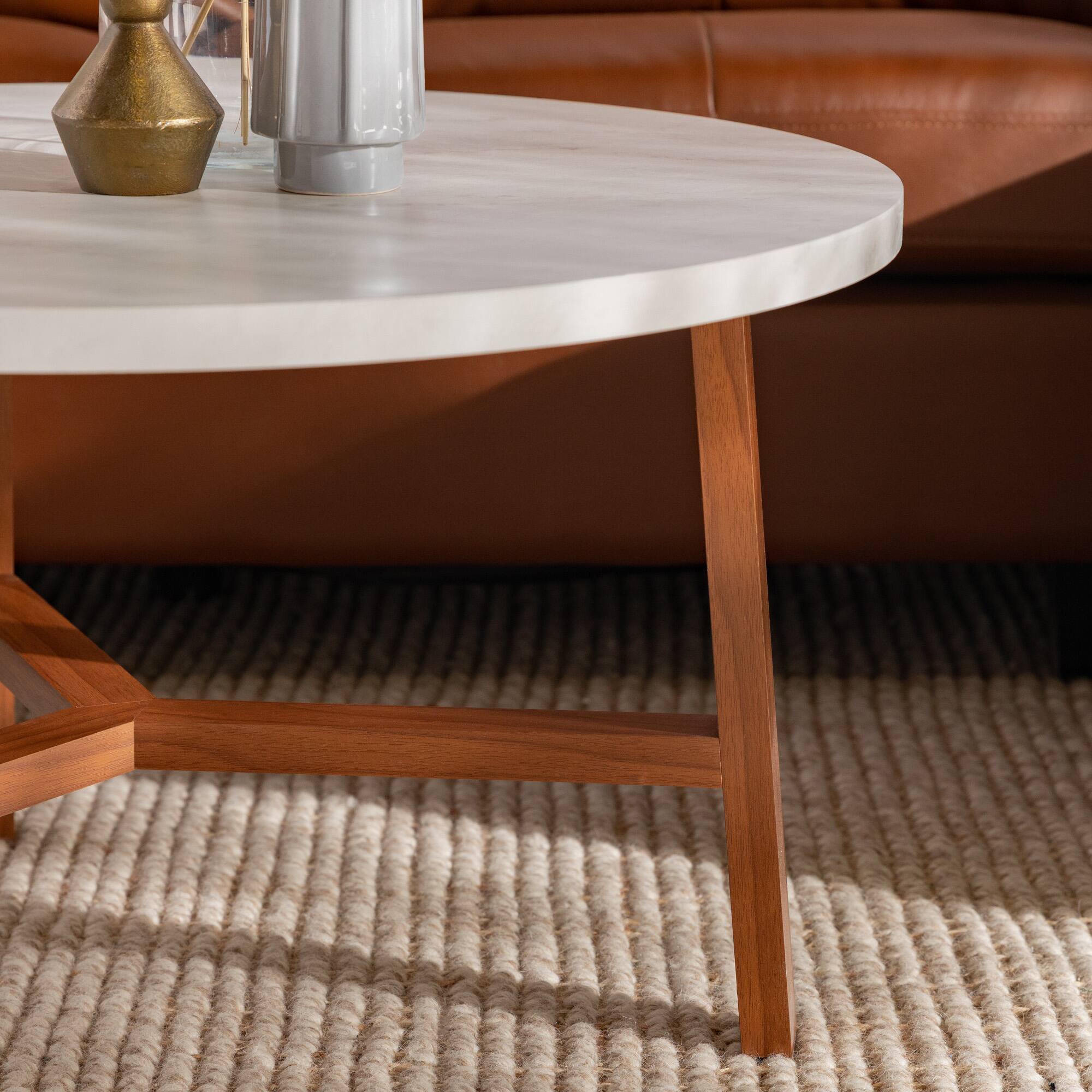 Faux White Marble & Acorn Mid-Century Modern Round Coffee Table