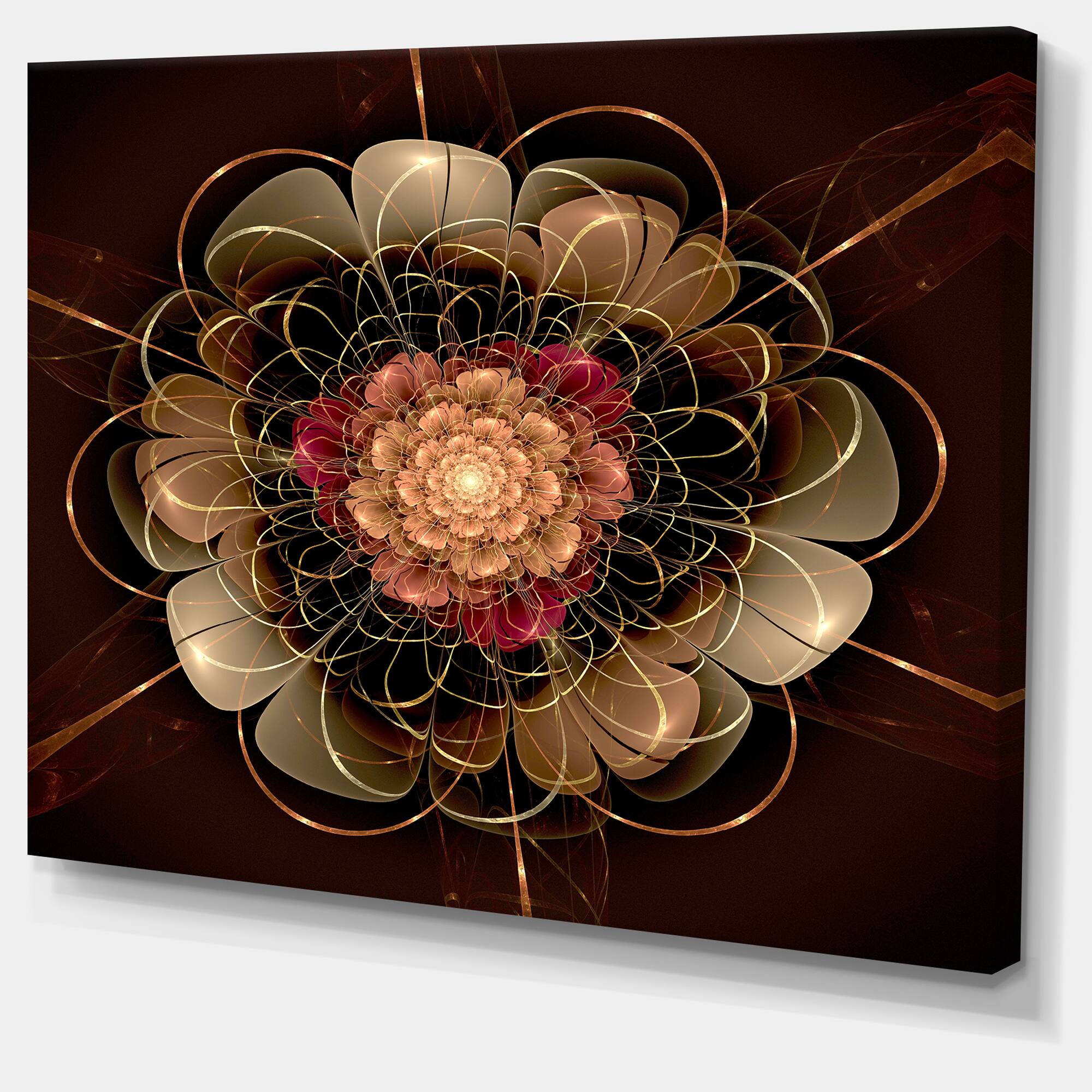 Designart - Dark Gold Red Fractal Flower Pattern - Extra Large Floral Wall Art