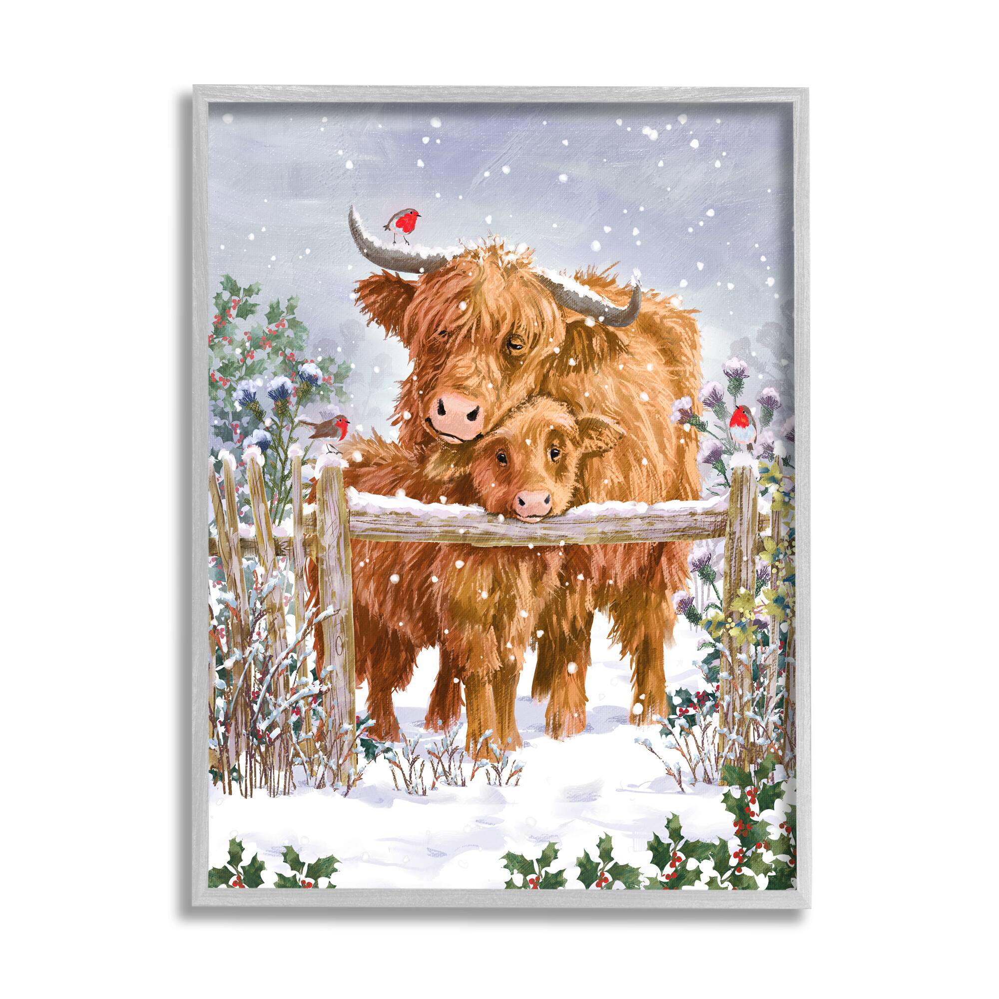 Stupell Industries Winter Cattle Cuddling Snow Scene Framed Giclee Art