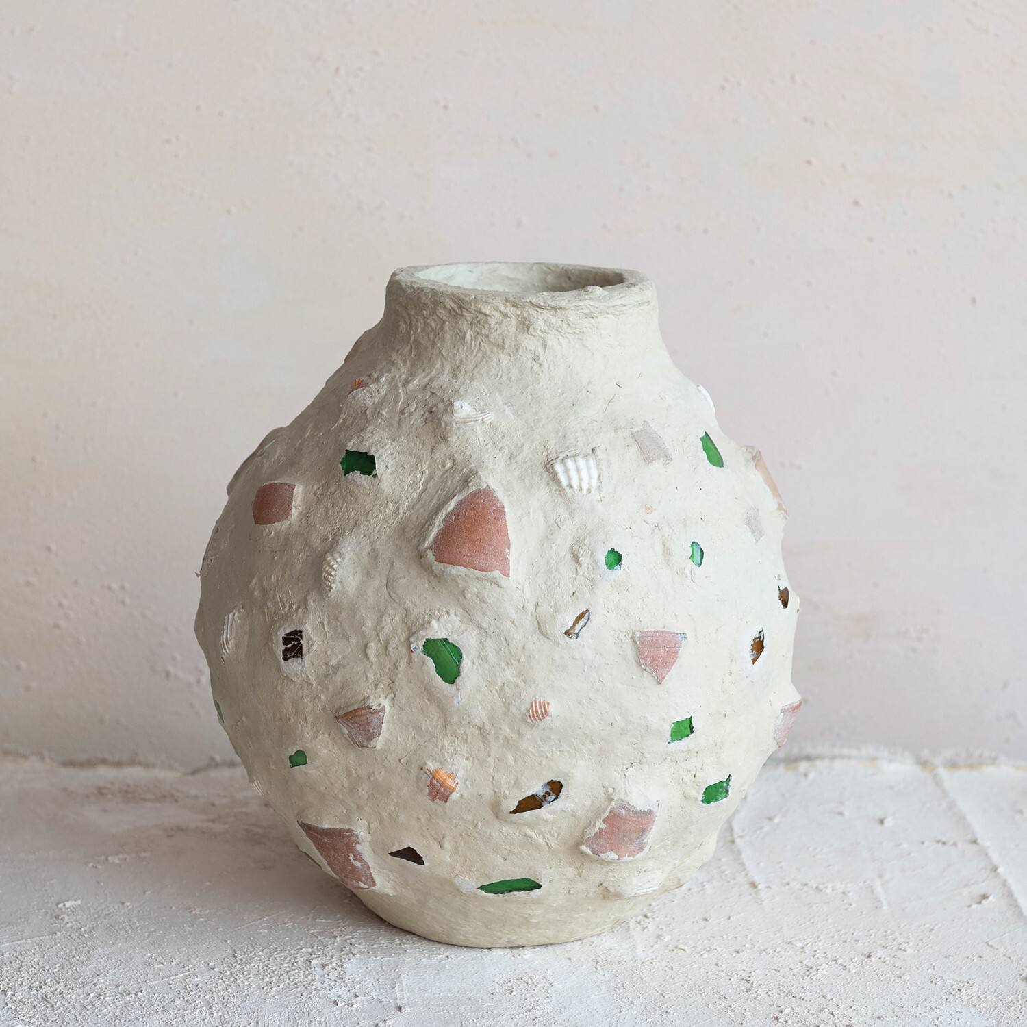 Hello Honey&#xAE; 13&#x22; Multicolor Handmade Paper Mache Vase with Embedded Glass, Shells &#x26; Wood Pieces