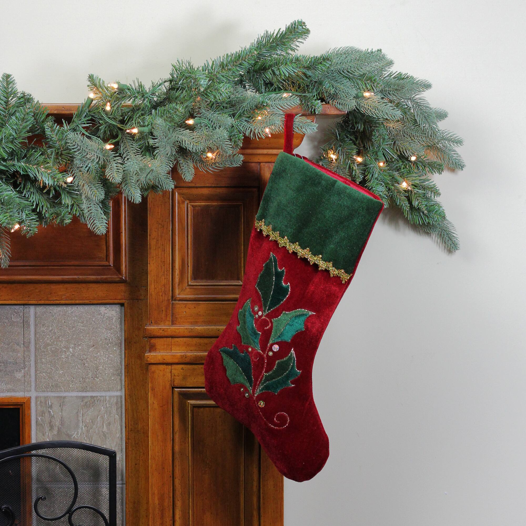 20.5&#x22; Holly Embroidered Velvet Stocking