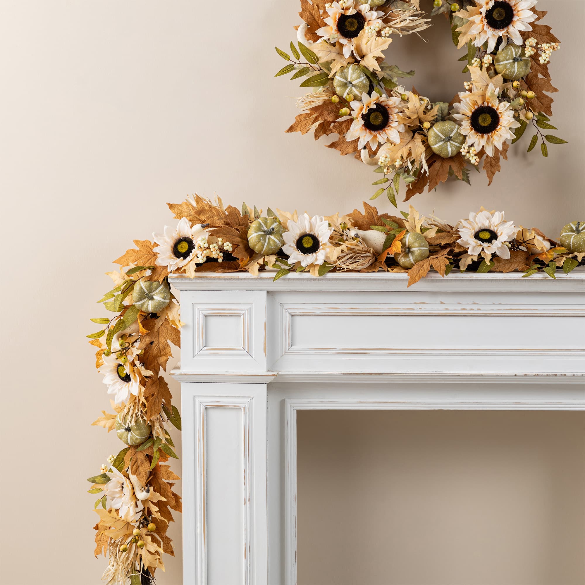 Glitzhome® 72" Fall Neutral Sunflower, Pumpkin and Leaf Garland