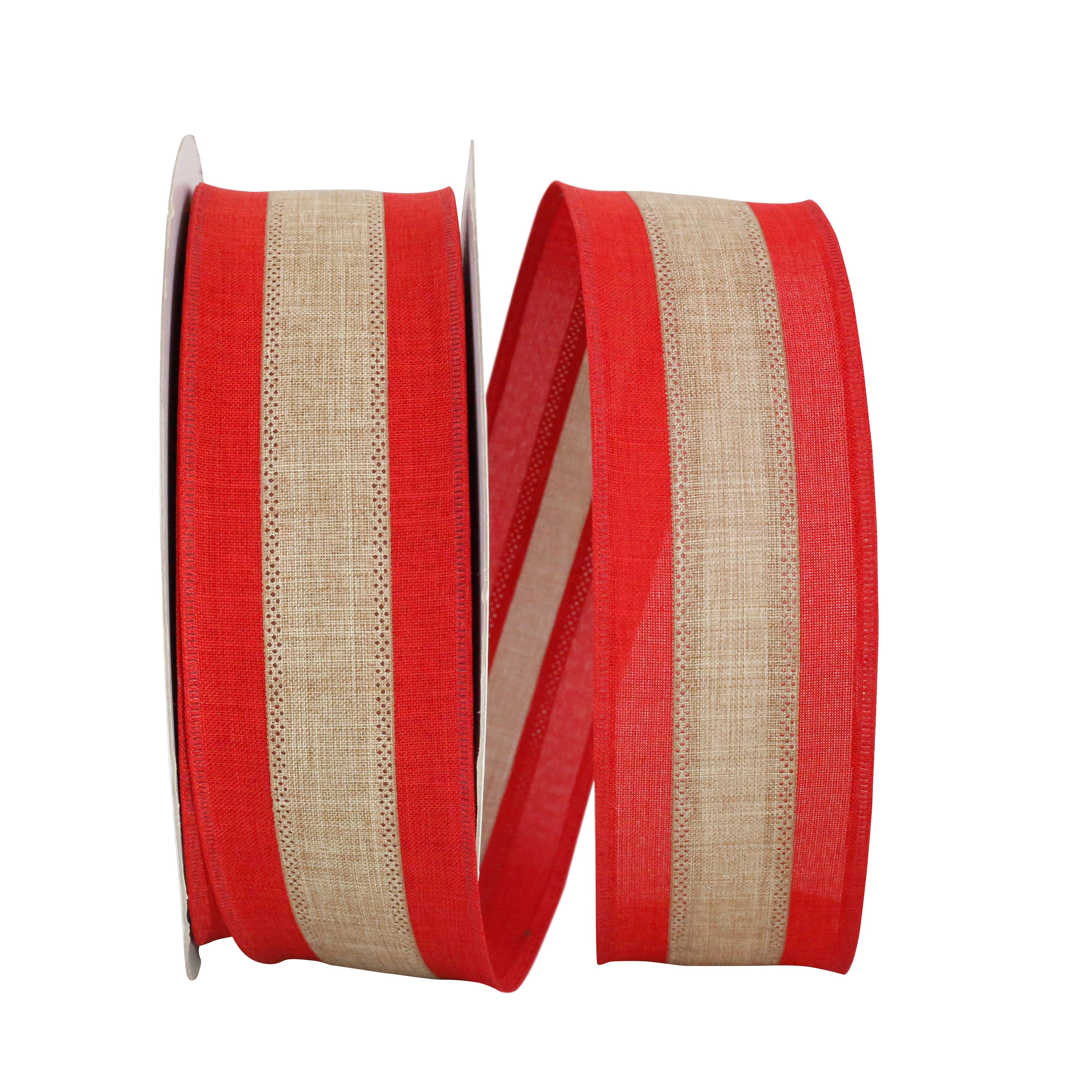 JAM Paper 2.5" x 50yd. Natural & Red Wired Stripe Linen Value Ribbon