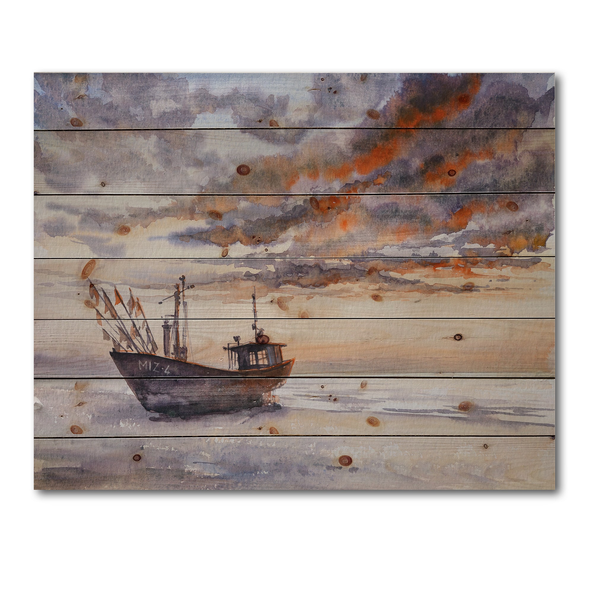 Designart - Wooden Fishing Boat On The Baltic Shore - Nautical &#x26; Coastal Print on Natural Pine Wood