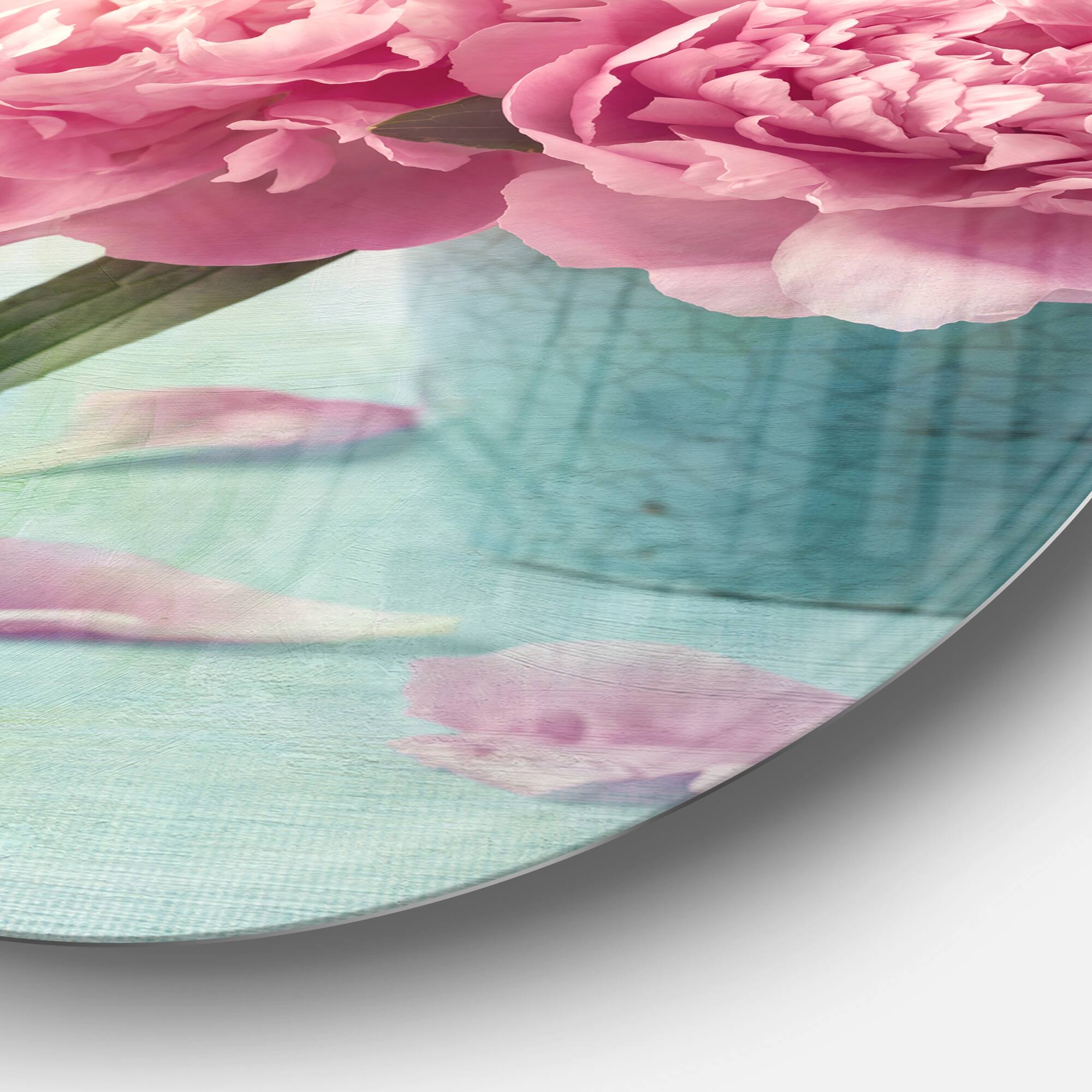 Designart - Pink Peony Flowers in Vase&#x27; Ultra Glossy Floral Metal Circle Wall Art