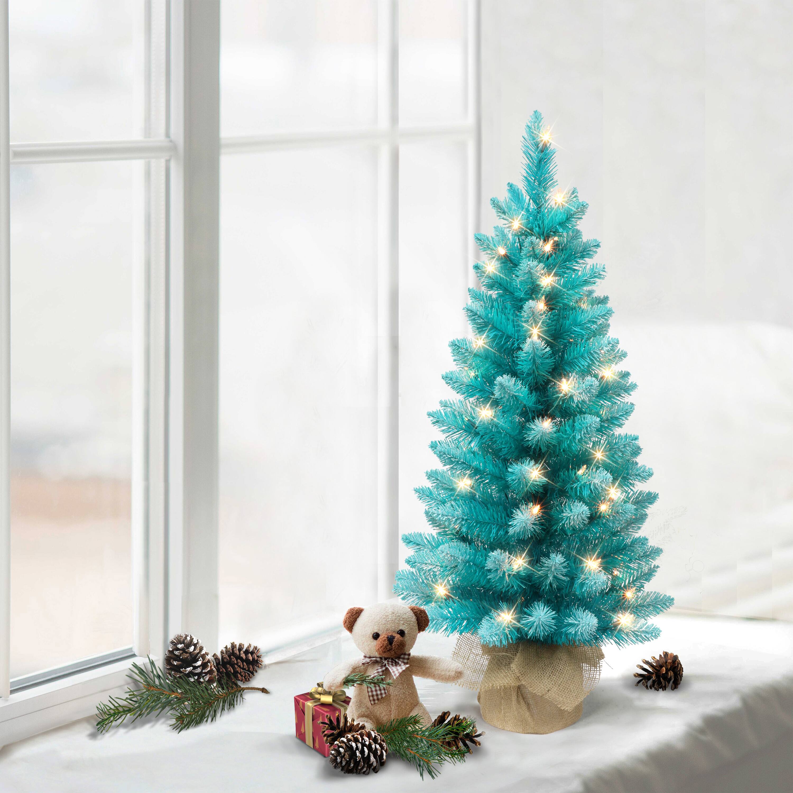 6 Pack: 3ft. Pre-Lit Fashion Teal Artificial Christmas Tree in Burlap Base, Clear Lights