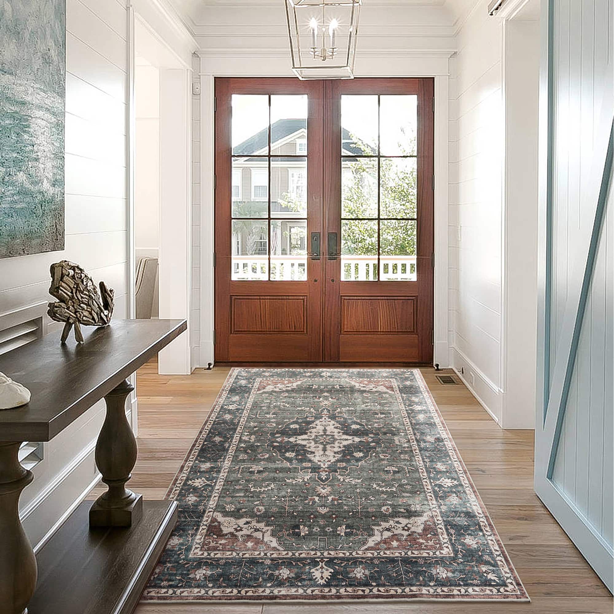 Glitzhome&#xAE; 5ft. x 8ft. Green &#x26; Tan Oriental Area Rug