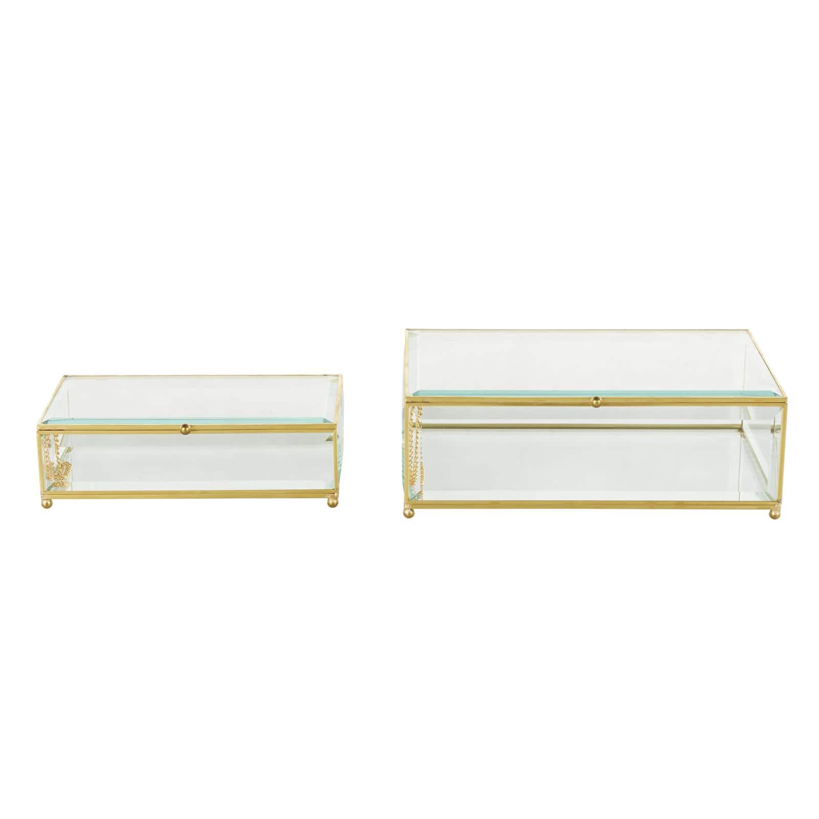 Clear &#x26; Gold Beveled Glass &#x26; Metal Rectangle Footed Jewelry Box with Chain Accent Set