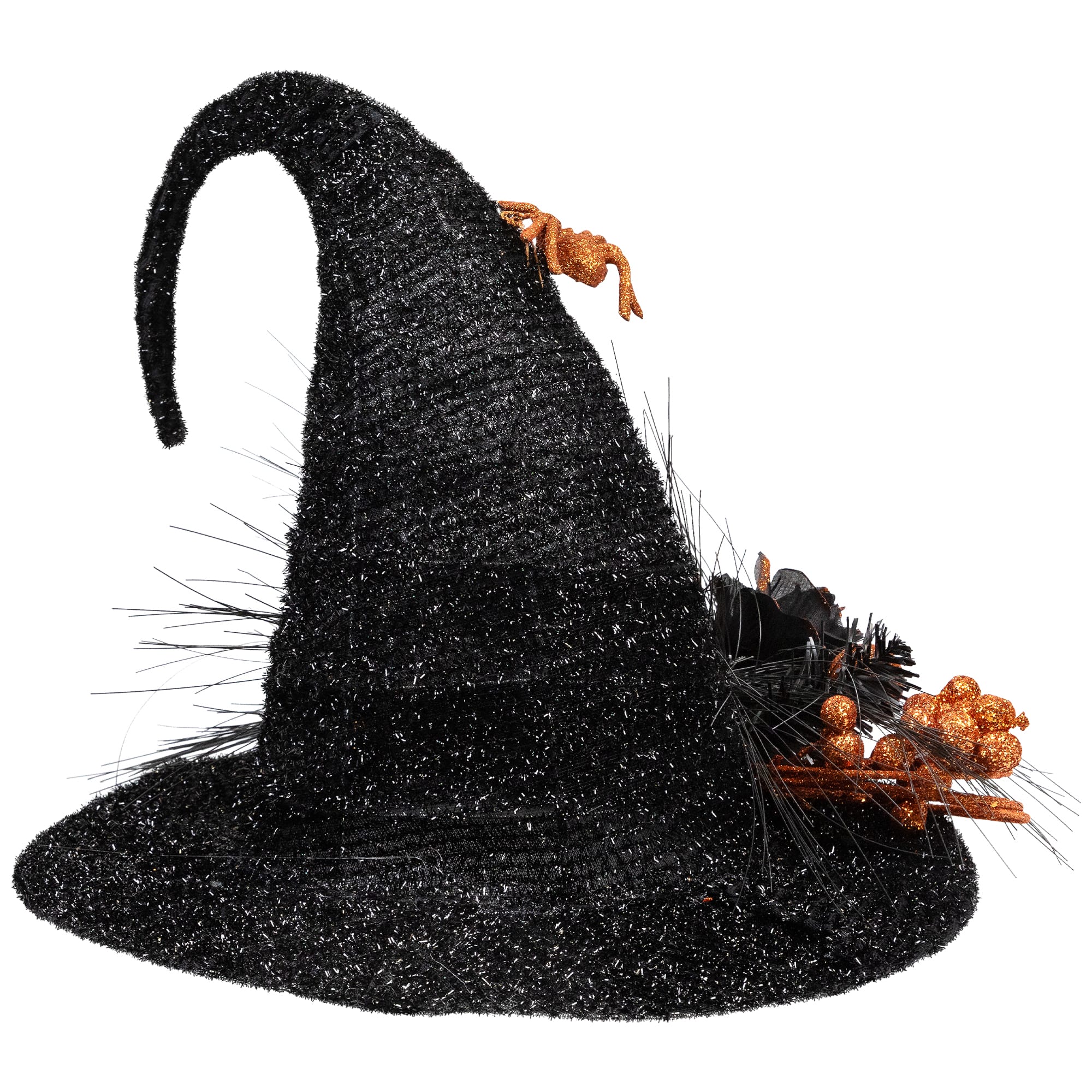 16" Black Tinsel Witch's Hat with Orange Glittered Roses Halloween Decoration