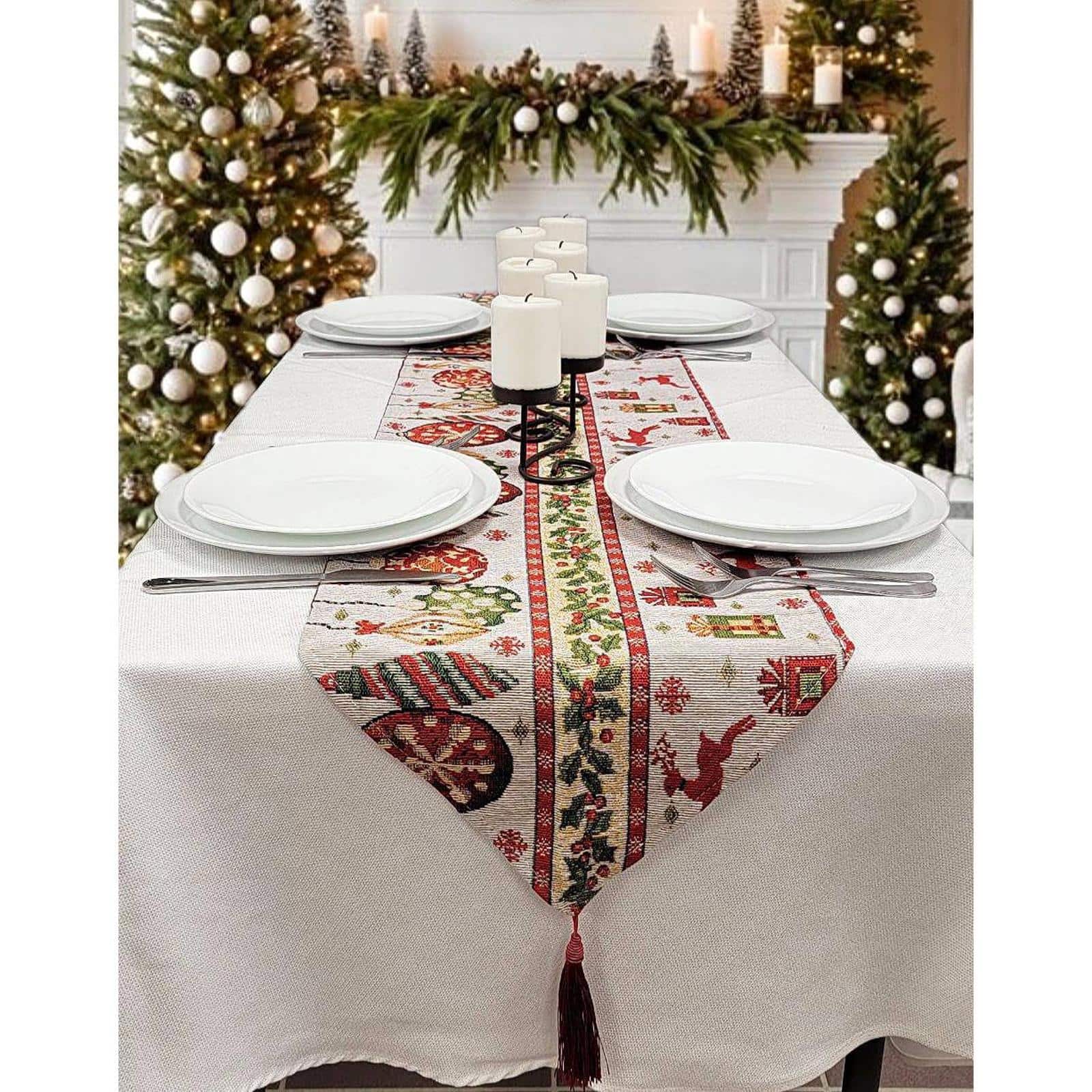 Wizardi 13.75&#x22; x 67&#x22; Christmas Table Runner with Holiday Icons