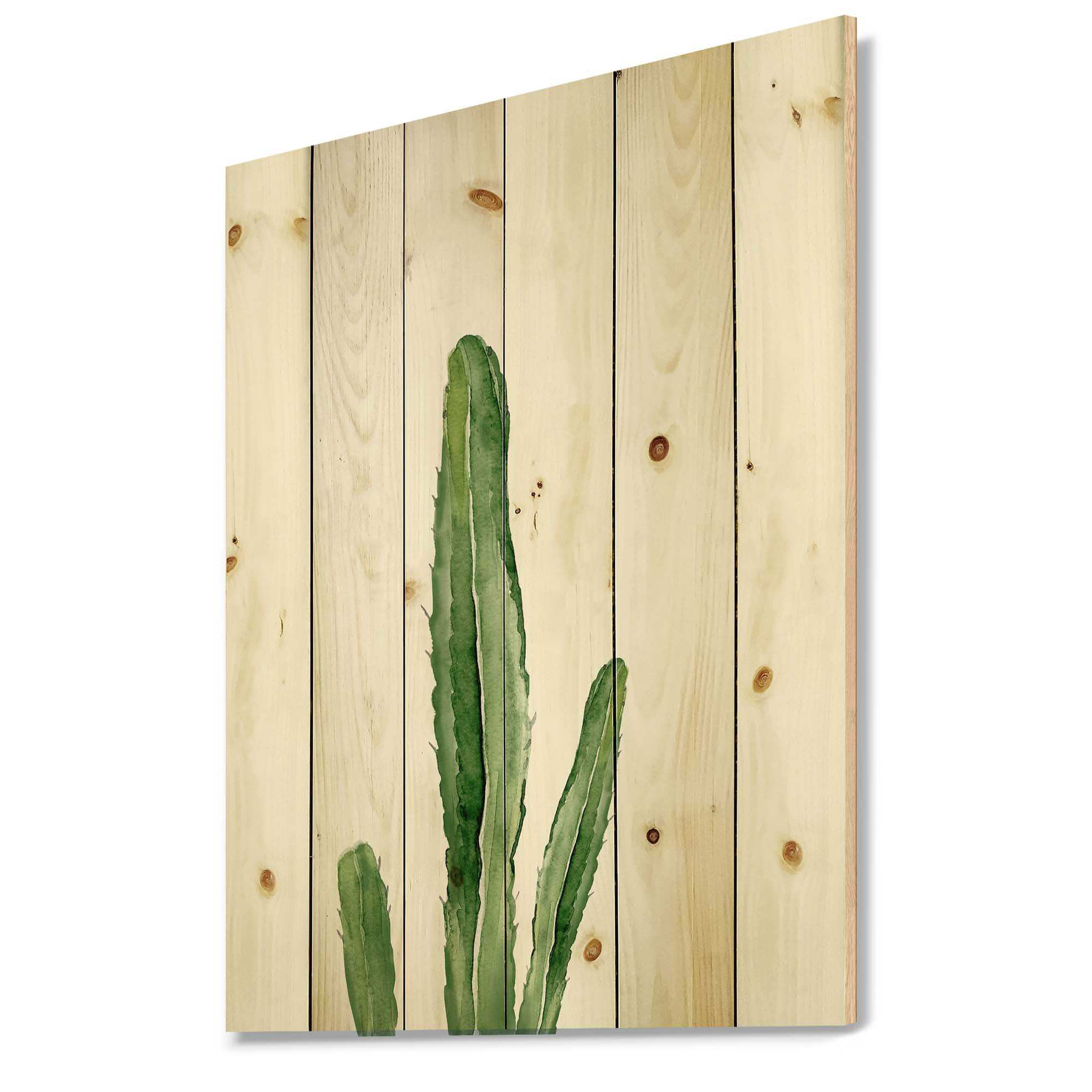 Designart - Green Cactus South Western Plant Botanical Detail - Botanical Print on Natural Pine Wood