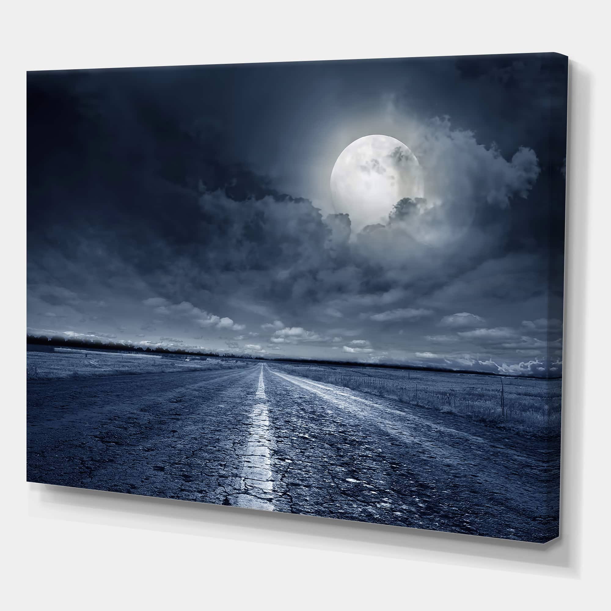 Designart - Asphalt Road Under Cloudy Full Moon I - Nautical &#x26; Coastal Canvas Wall Art Print