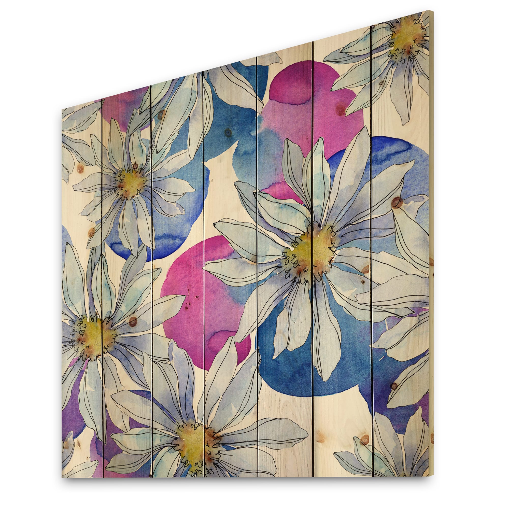 Designart - Daisies With Green Leaves I - Traditional Print on Natural Pine Wood