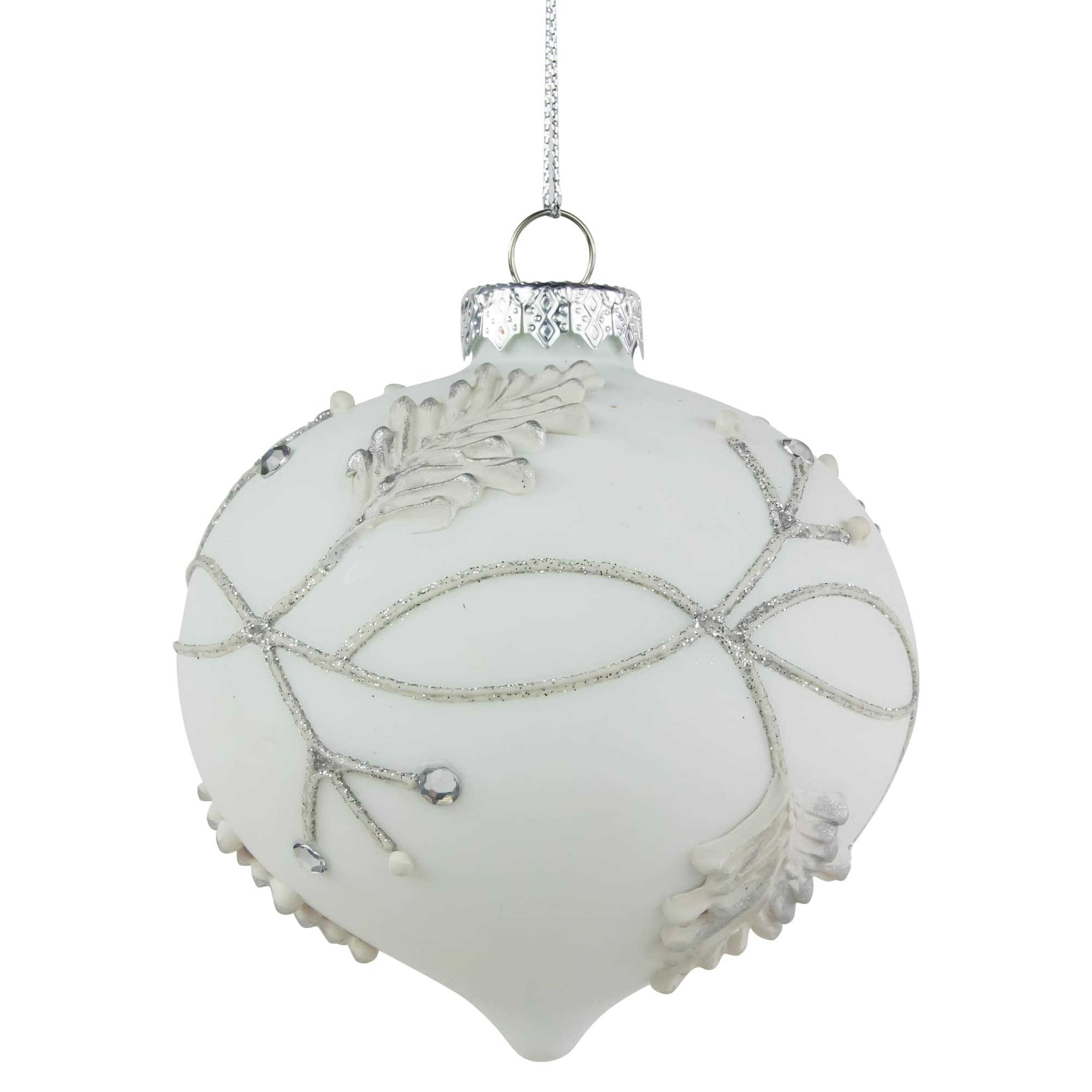 3.5" White & Silver Leaves Glass Onion Ornament