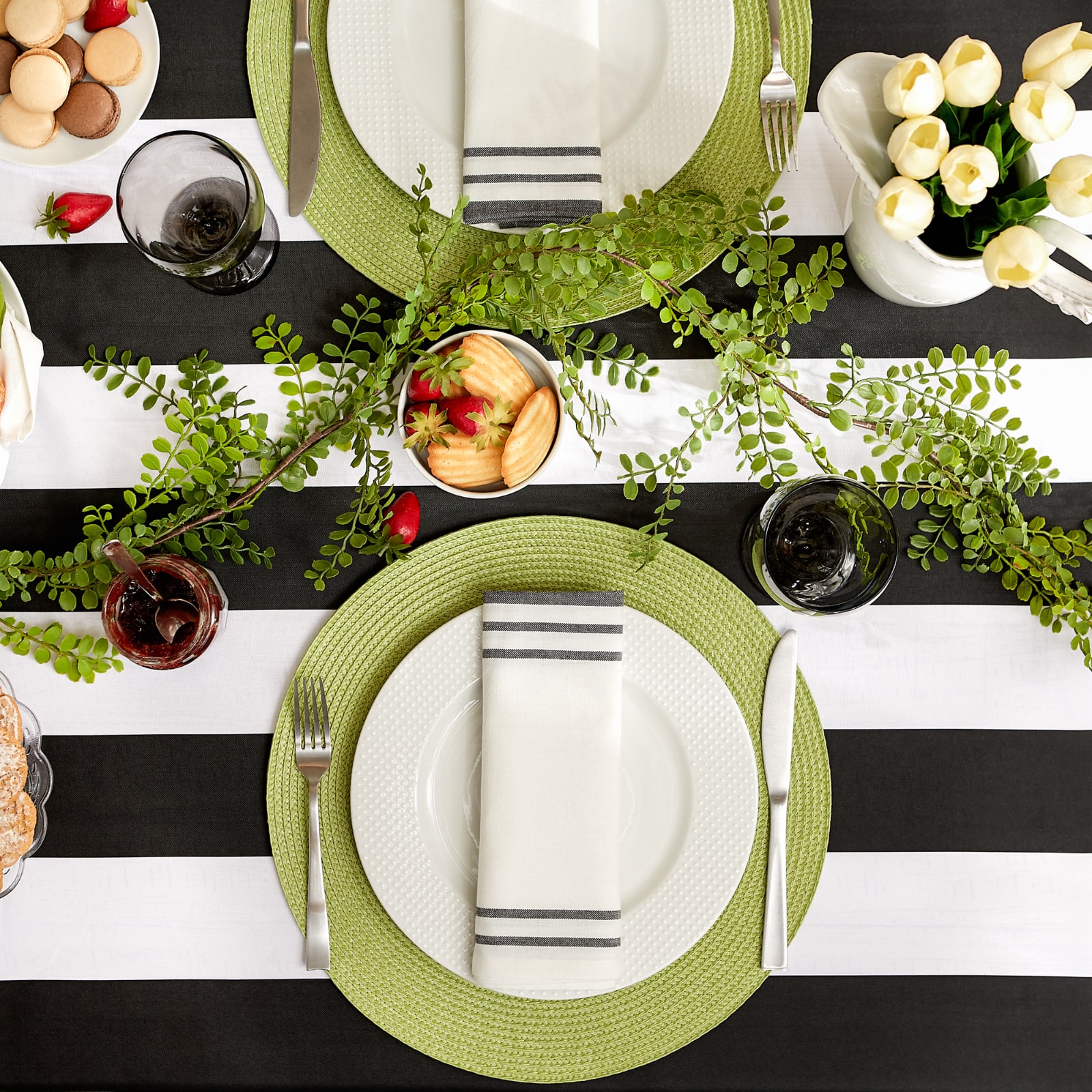 Black Cabana Stripe Print Outdoor Tablecloth,, 60&#x22; x 84&#x22;