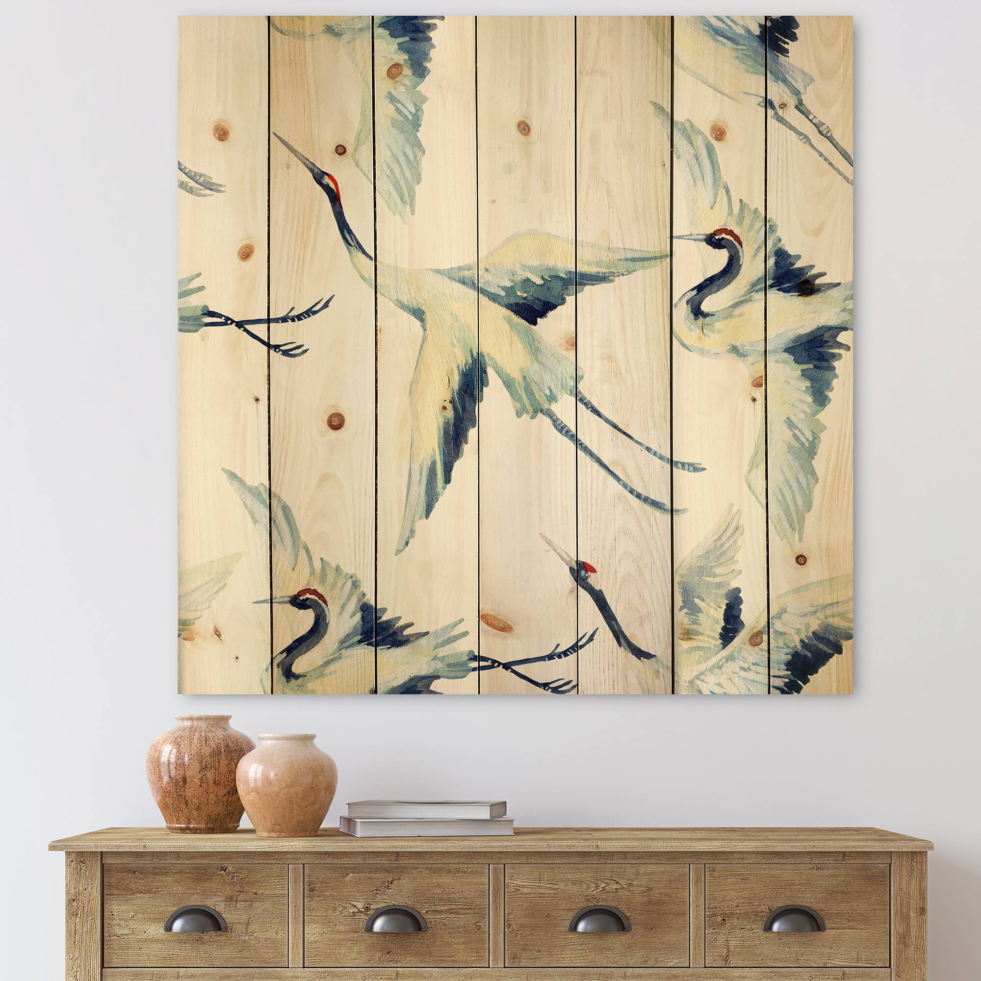Designart - Asian Crane Bird - Traditional Print on Natural Pine Wood