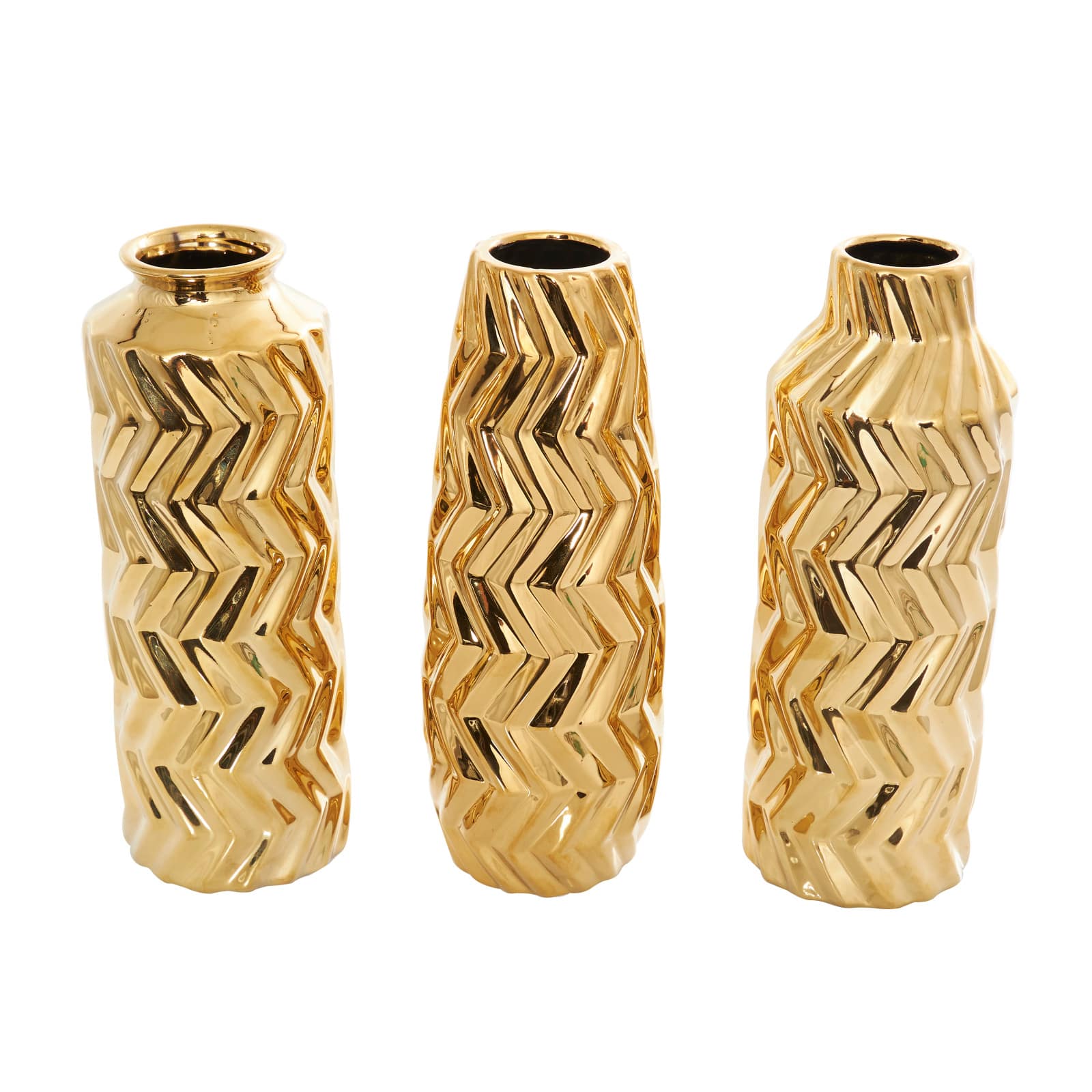 Gold Ceramic Dimensional Chevron Textured Vase with Varying Shapes Set