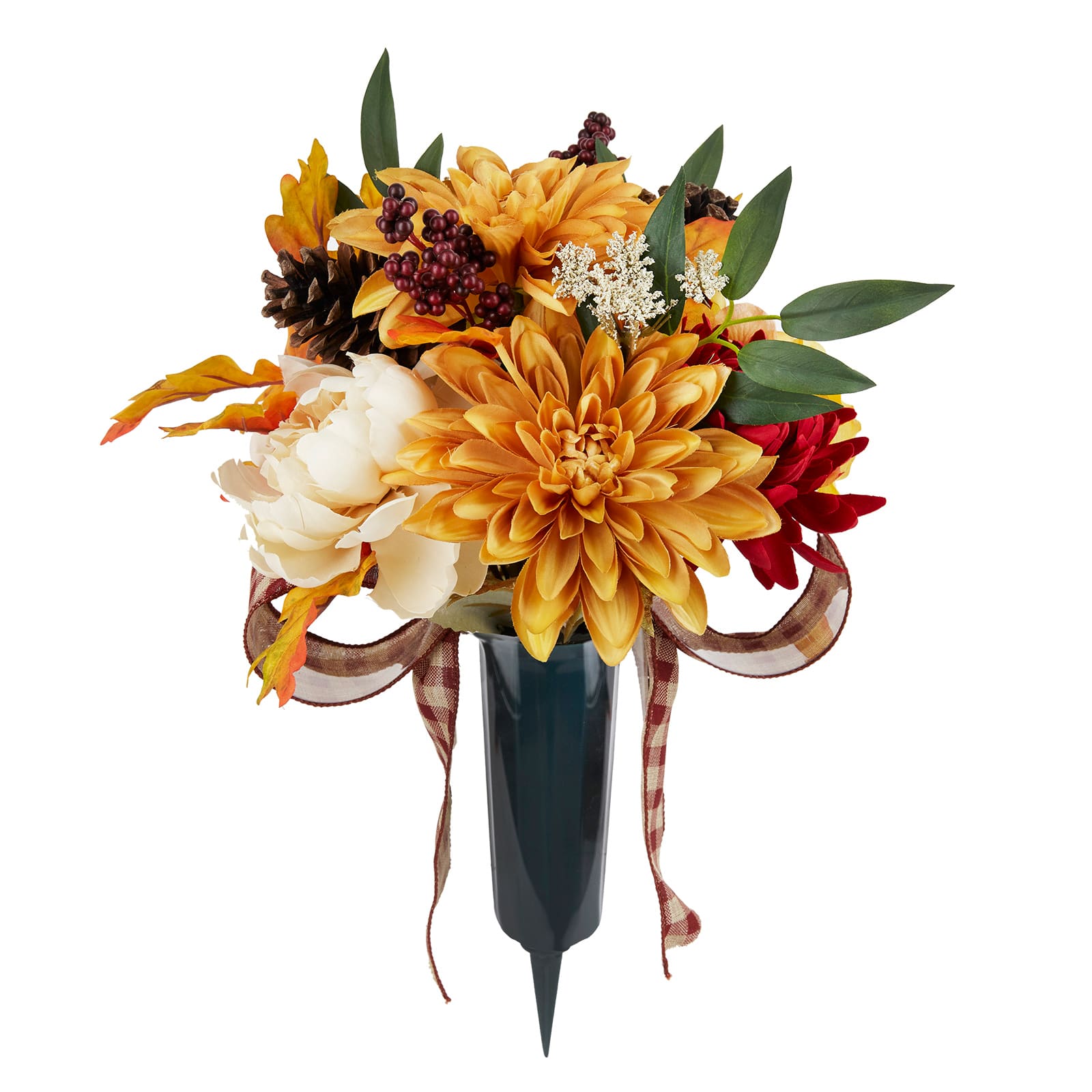 Orange &#x26; Yellow Fall Floral Remembrance Cone with Plaid Ribbon by Ashland&#xAE;