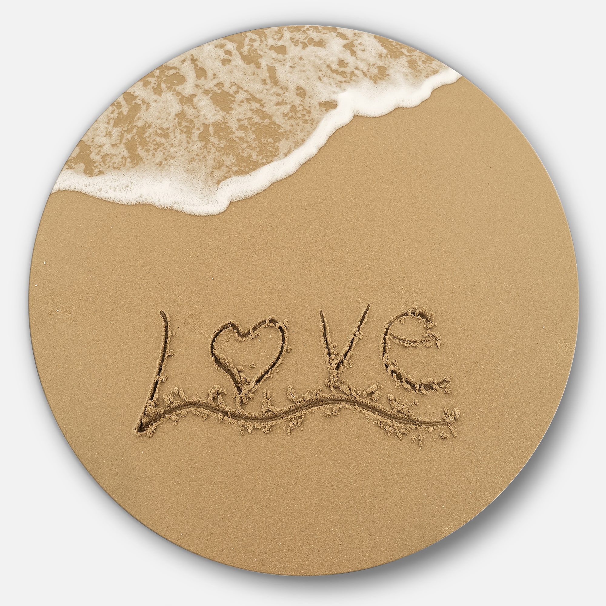 Designart - Love Written on Sandy Seashore&#x27; Seashore Metal Circle Wall Art
