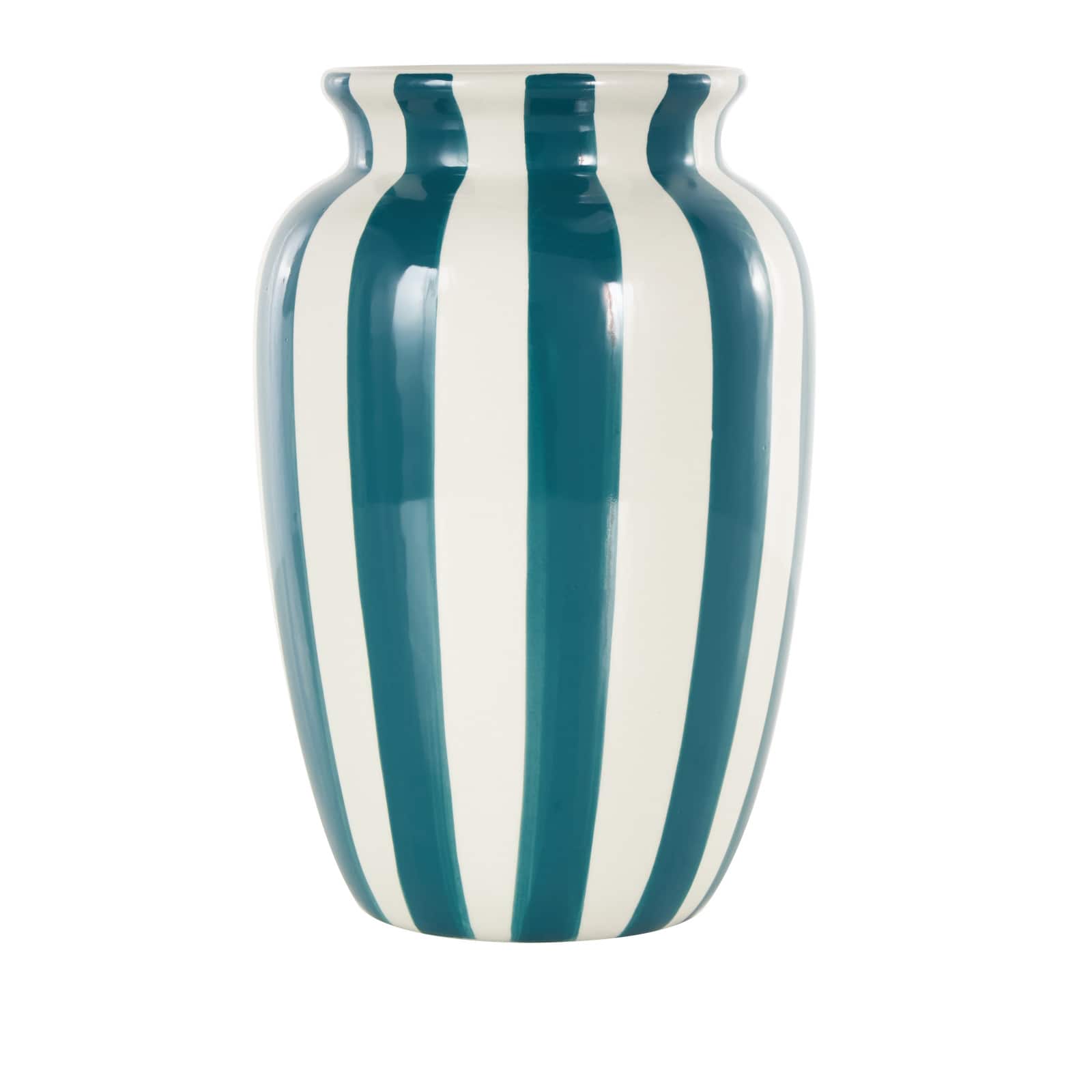 9.5" White & Teal Stripes Round Wide Ceramic Vase