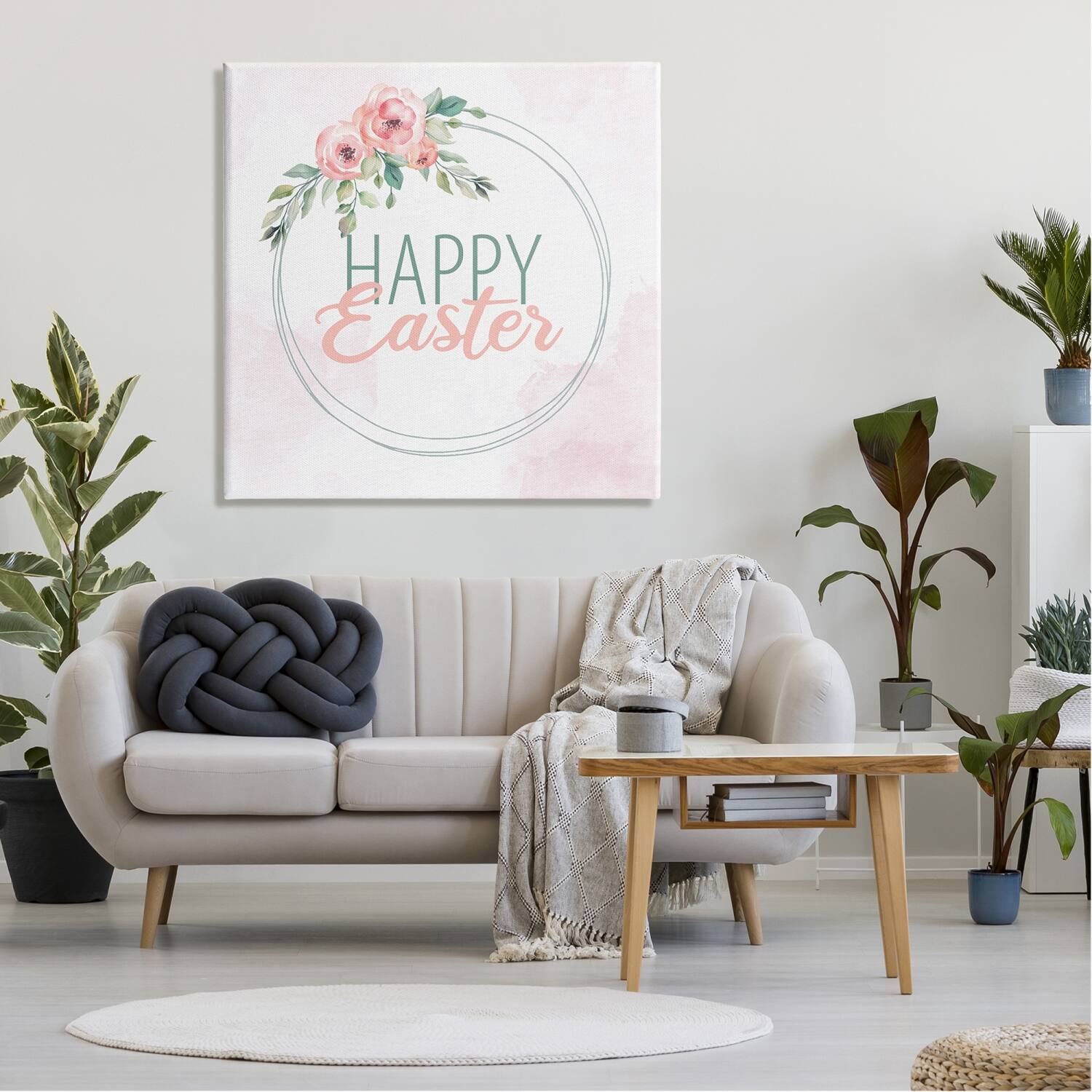Stupell Industries Happy Easter Round Floral Border Pastel Pink Design Canvas Wall Art