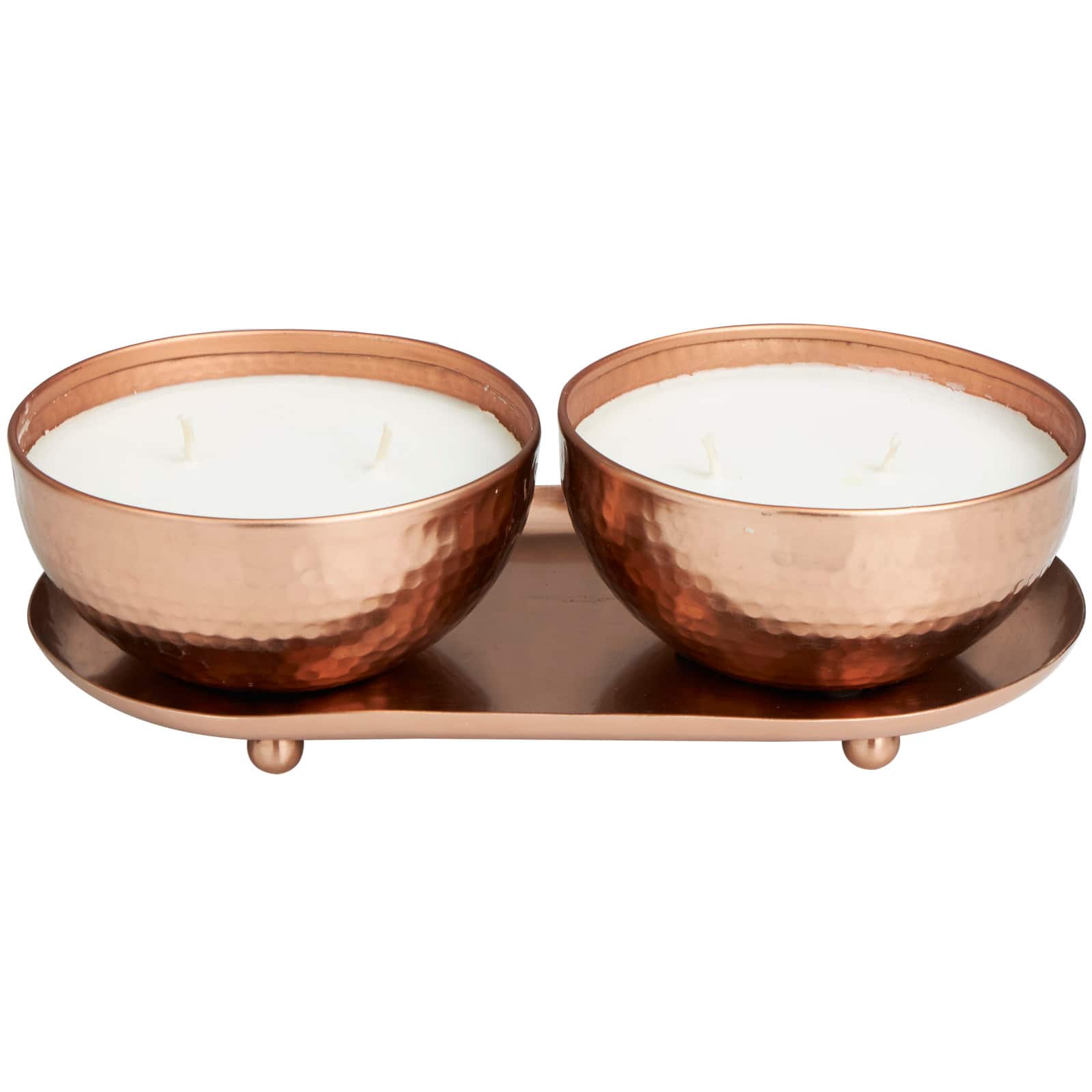 White Wax Tropical Breeze Scented Candle with Copper Hammered Container and Oval Holding Tray