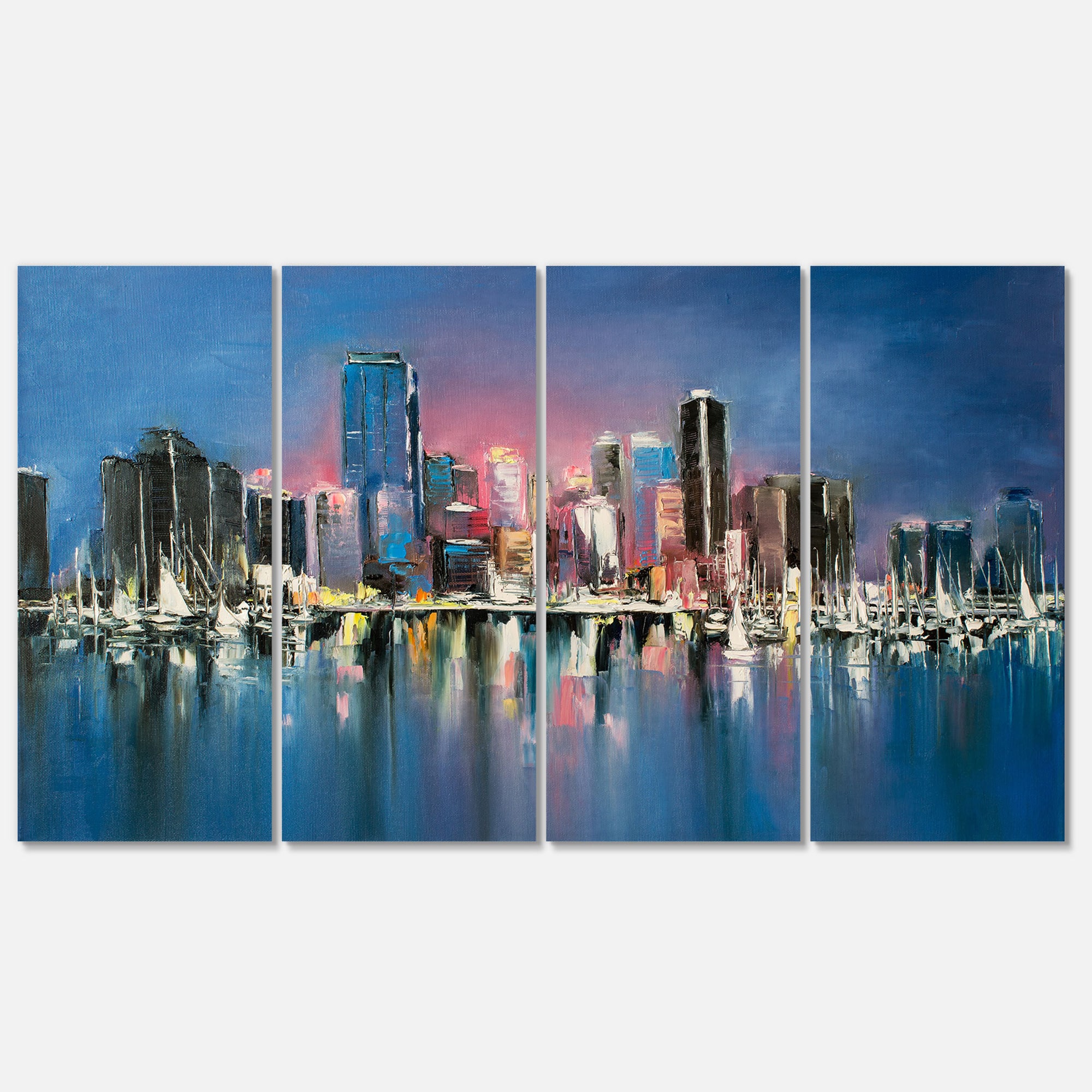 Designart - Coastal City Fantasy Night Scene in Oil Painting - Cityscapes Painting Print on Wrapped Canvas set