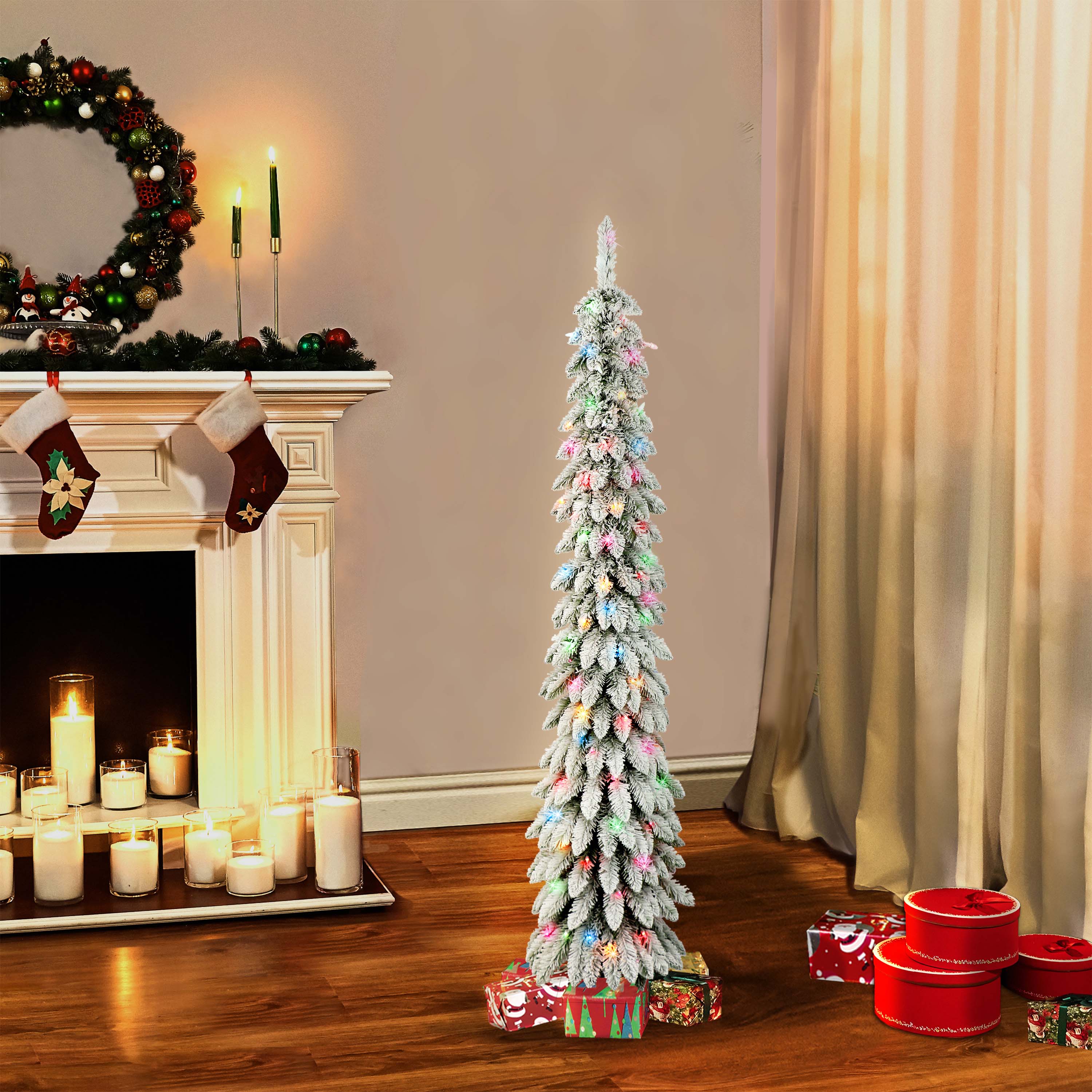 6ft. Pre-Lit Flocked Pencil Alpine Artificial Christmas Tree, Multicolor Lights  Shop All