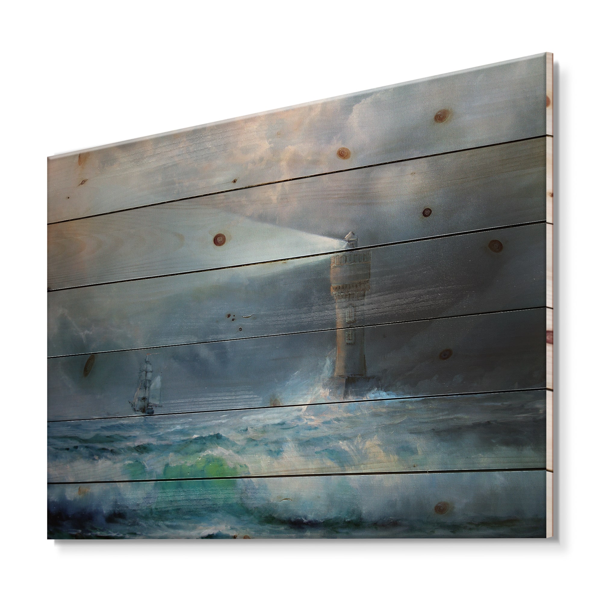 Designart - Lighthouse Shining Light During Stormy Night II - Nautical &#x26; Coastal Print on Natural Pine Wood