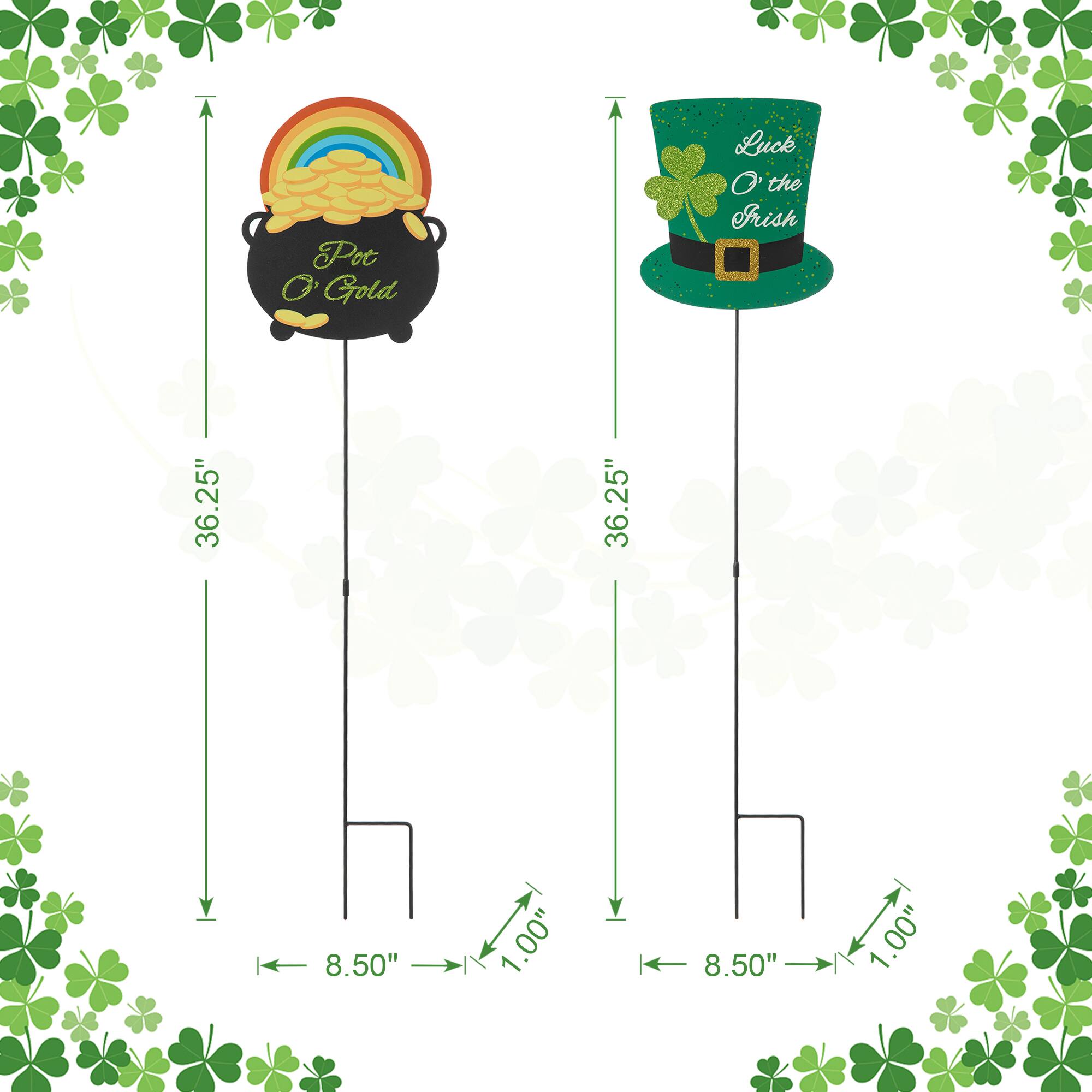 Glitzhome&#xAE; St. Patrick&#x27;s Pot of Gold &#x26; Leprechaun Hat Metal Yard Stake Set