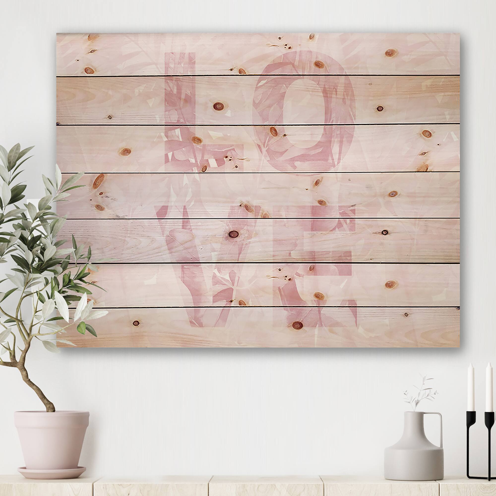 Designart - Pink Pastel Love - Shabby Chic Print on Natural Pine Wood