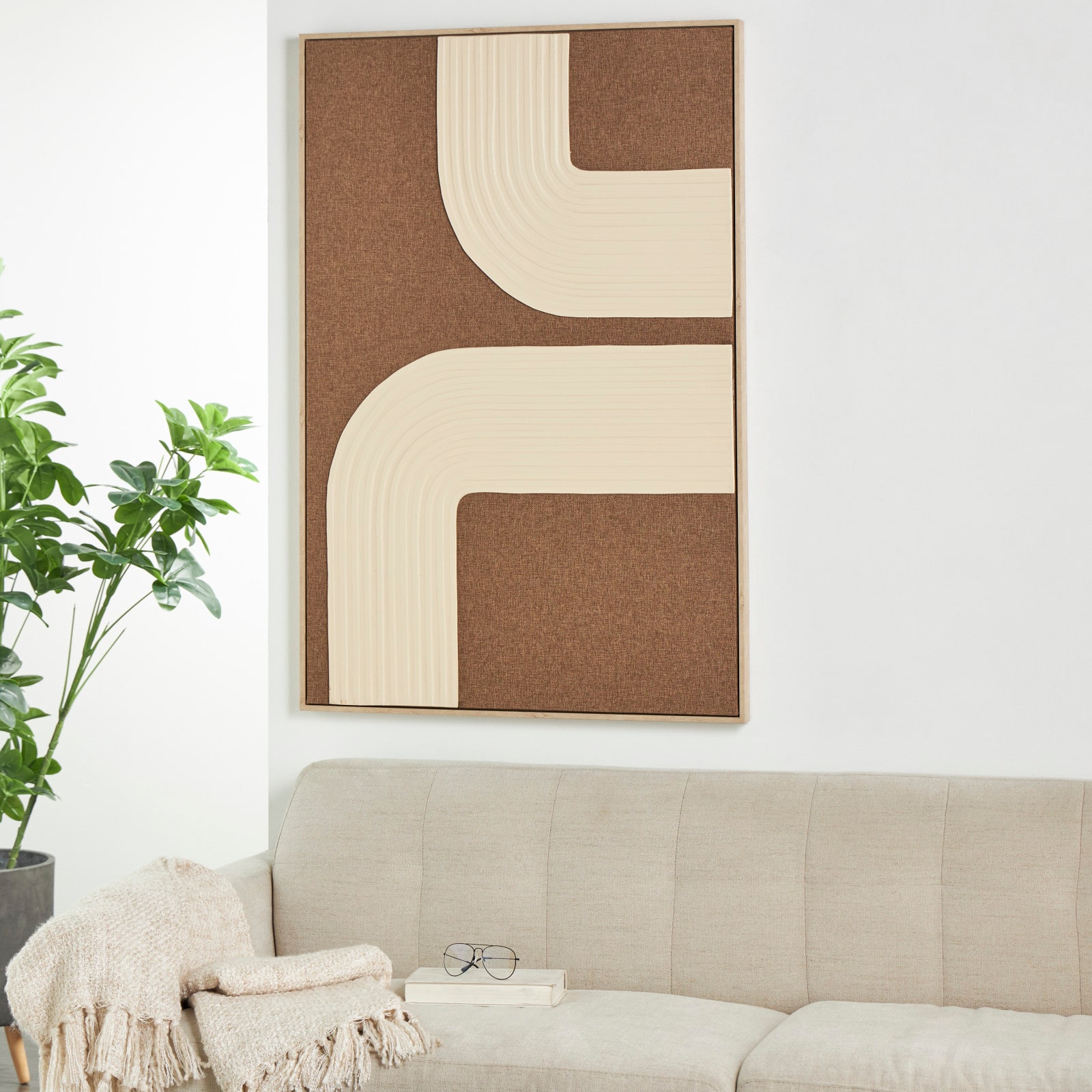 33" x 49" Brown Polyester Abstract Framed Wall Art with Tan Ribbed Arches