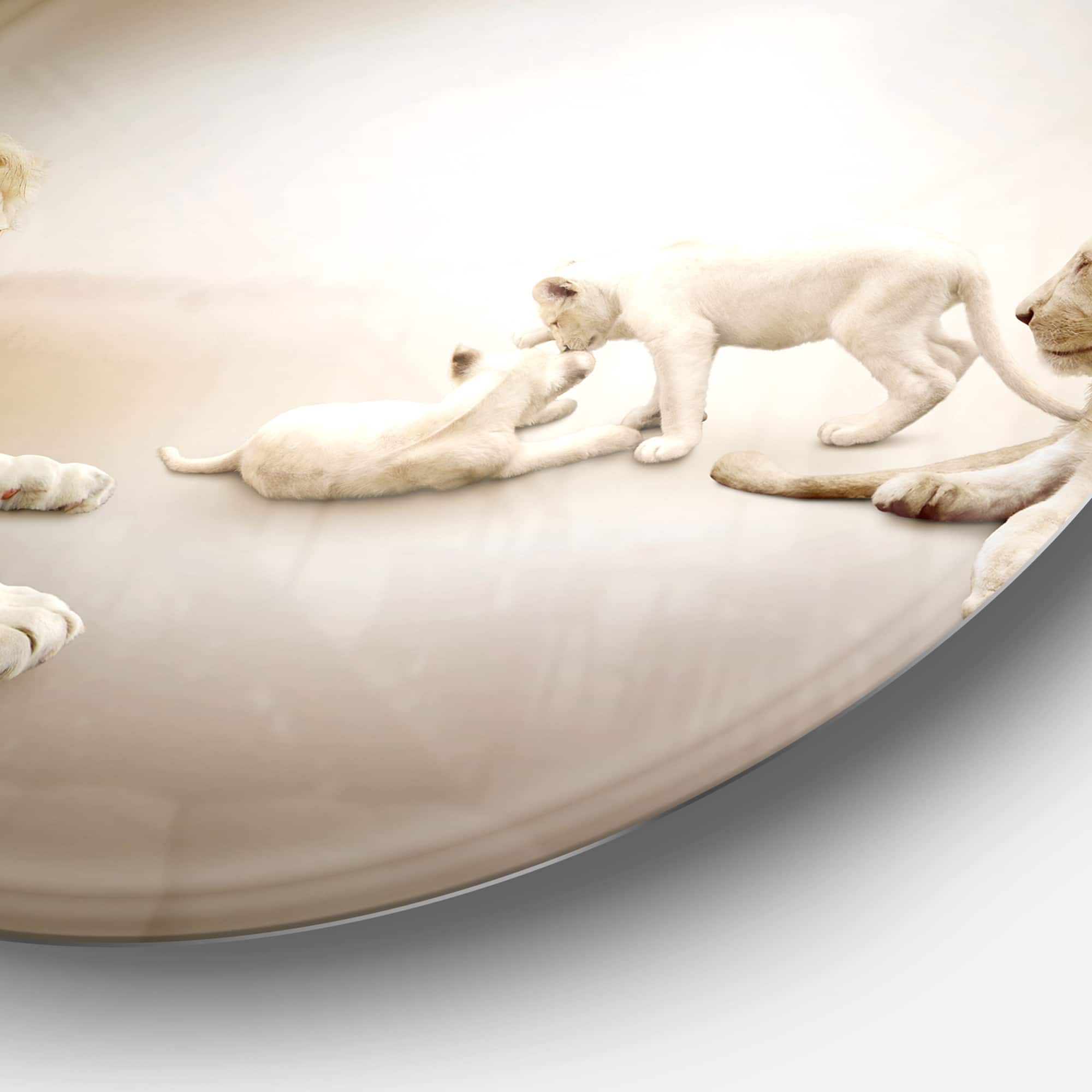Designart - White Lion Family' Ultra Glossy Animal Oversized Metal Circle Wall Art