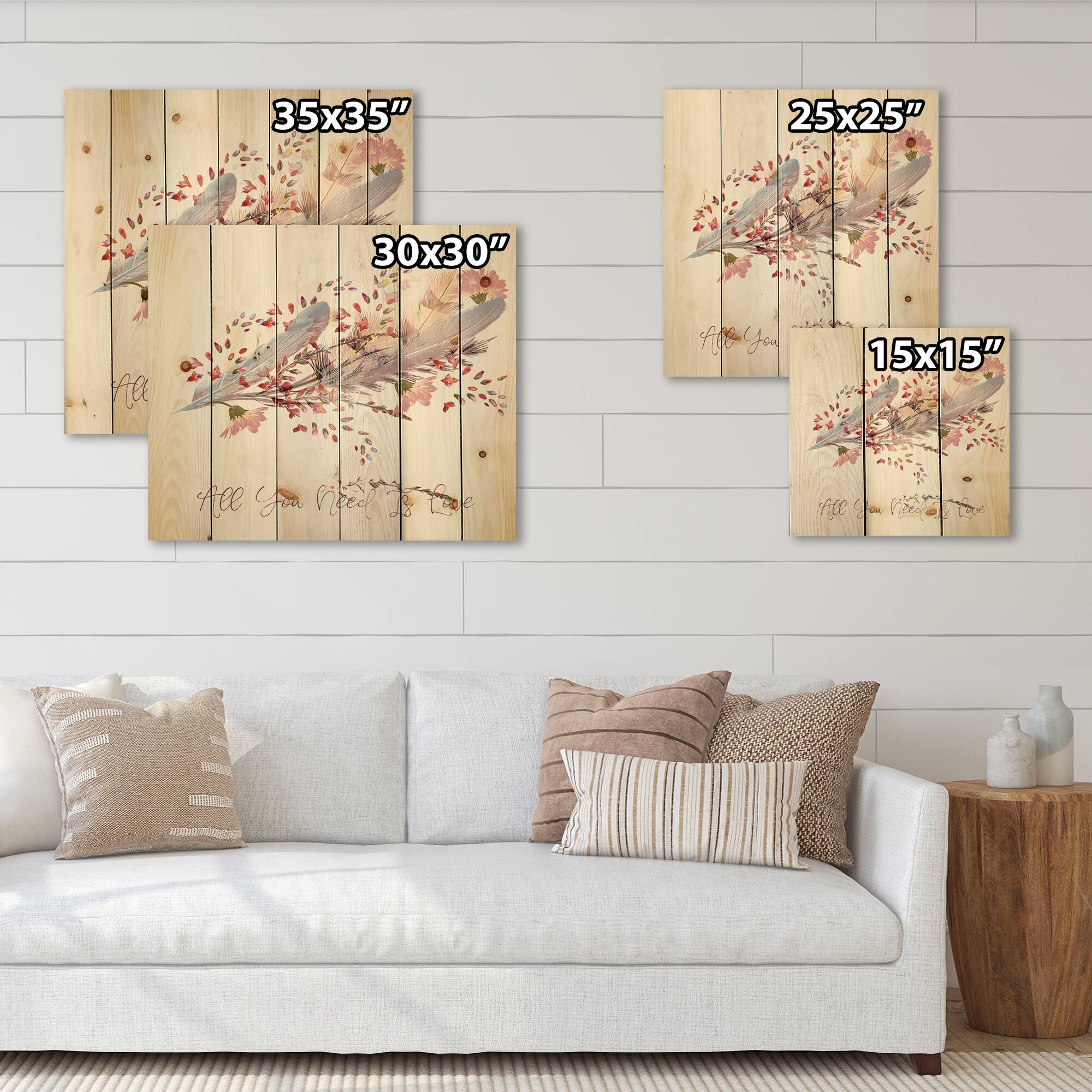 Designart - Pink Feathers and Bird All You Need Is Love - Bohemian & Eclectic Print on Natural Pine Wood