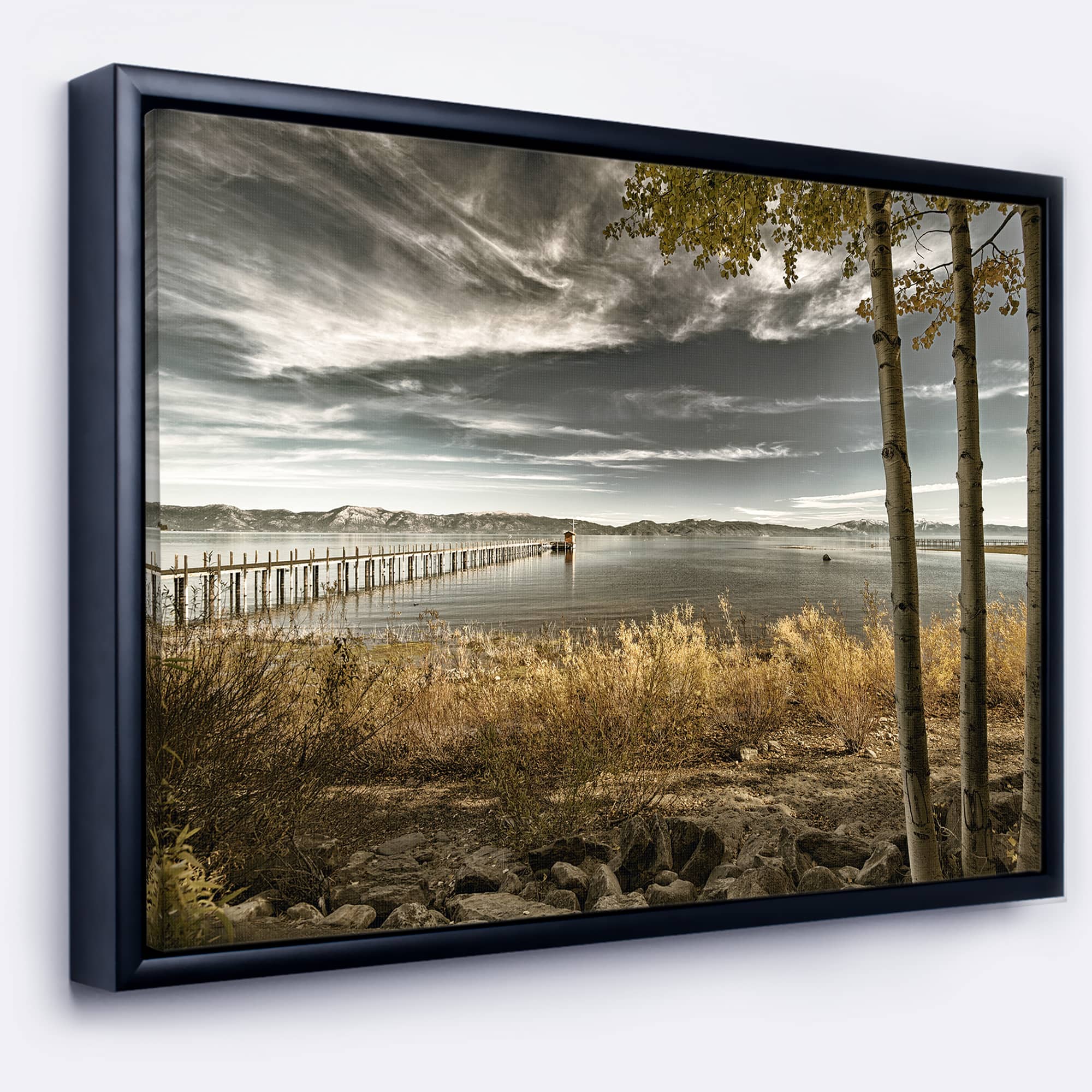 Designart - Pier in Brown Lake - Landscape Photo Canvas Art Print in Black Frame