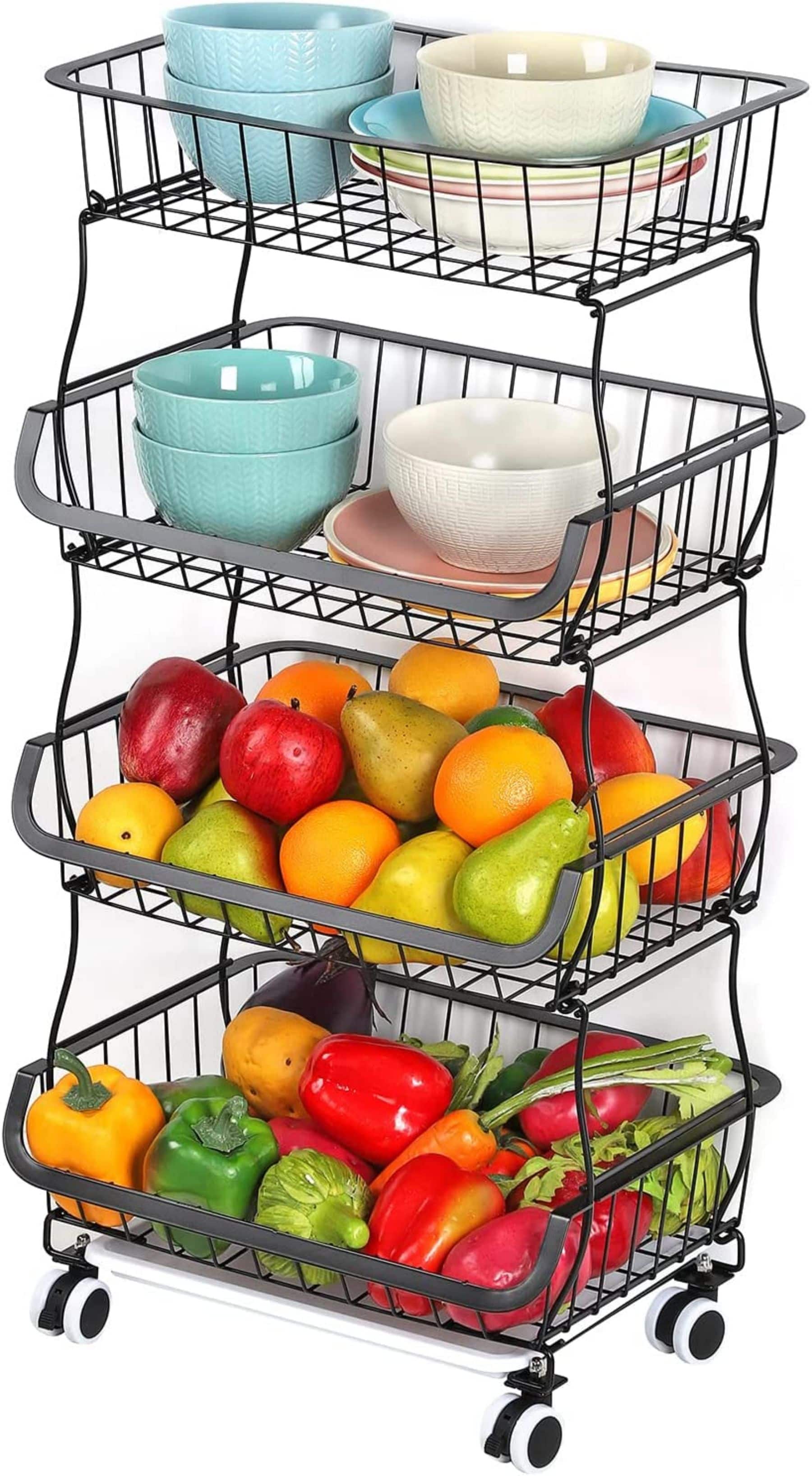 Black 4-Tier Fruit Storage Basket Rolling Cart