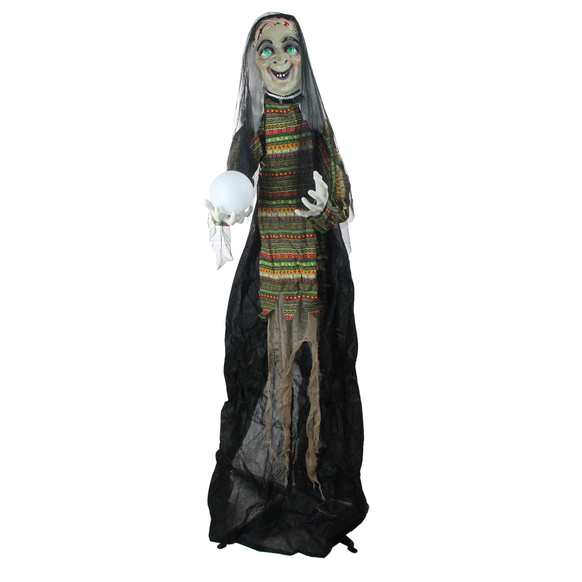 5.5ft. Pre-Lit Black &#x26; Green Standing Fortune Witch with Magic Ball Halloween Display