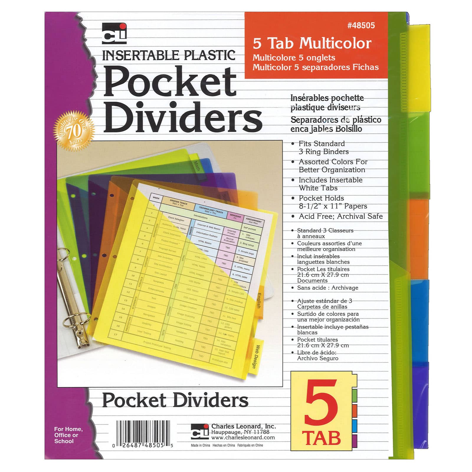 Charles Leonard 5-Tab Index Dividers with Pockets, 6 Packs of 5