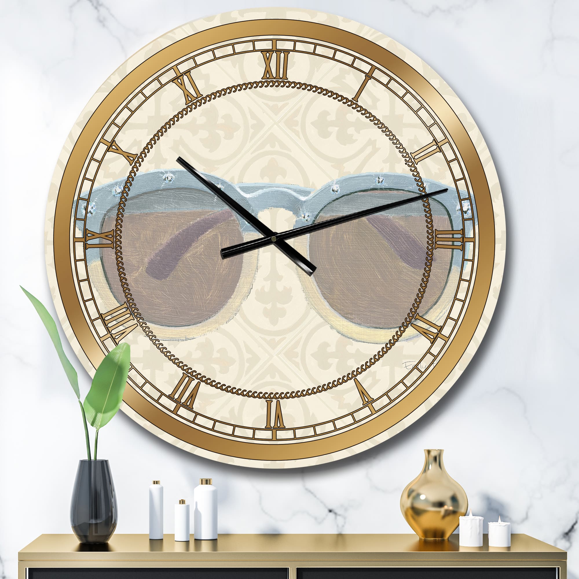 Designart 'Glam Cosmetics Blue Sun Glasses Glam Wall Clock