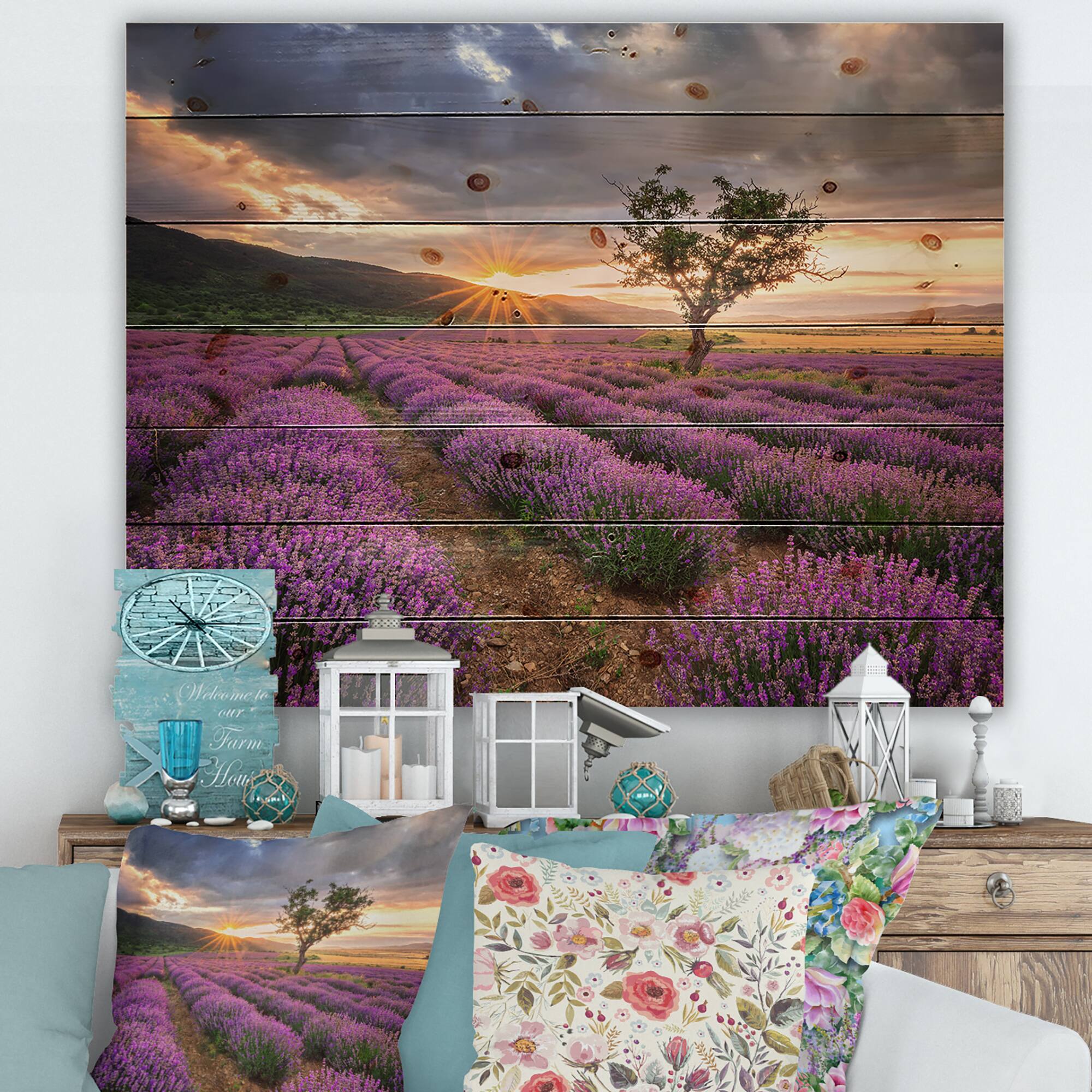 Designart - Sunrise &#x26; Dramatic Clouds Over Lavender Field VIII - Farmhouse Print on Natural Pine Wood