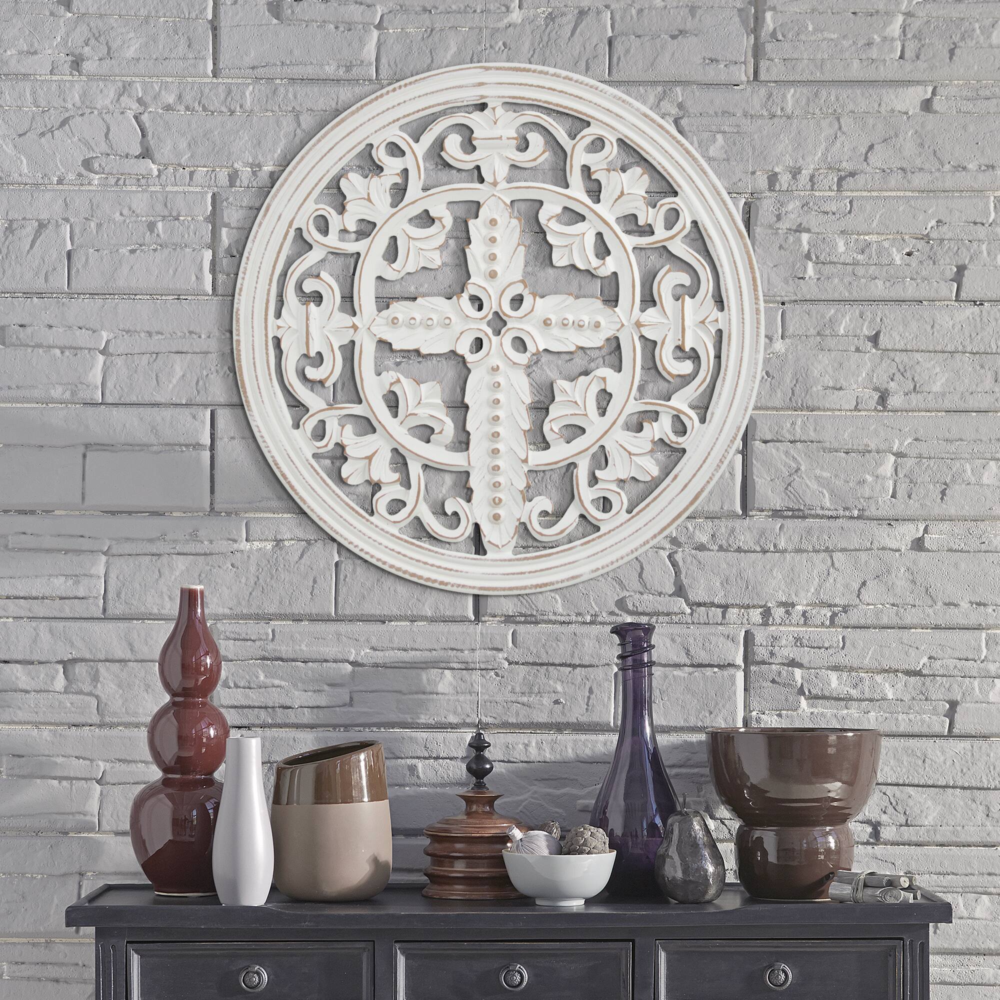 American Art D&#xE9;cor&#x2122; 16&#x22; White Arabesque and Cross Wall Medallion Home D&#xE9;cor