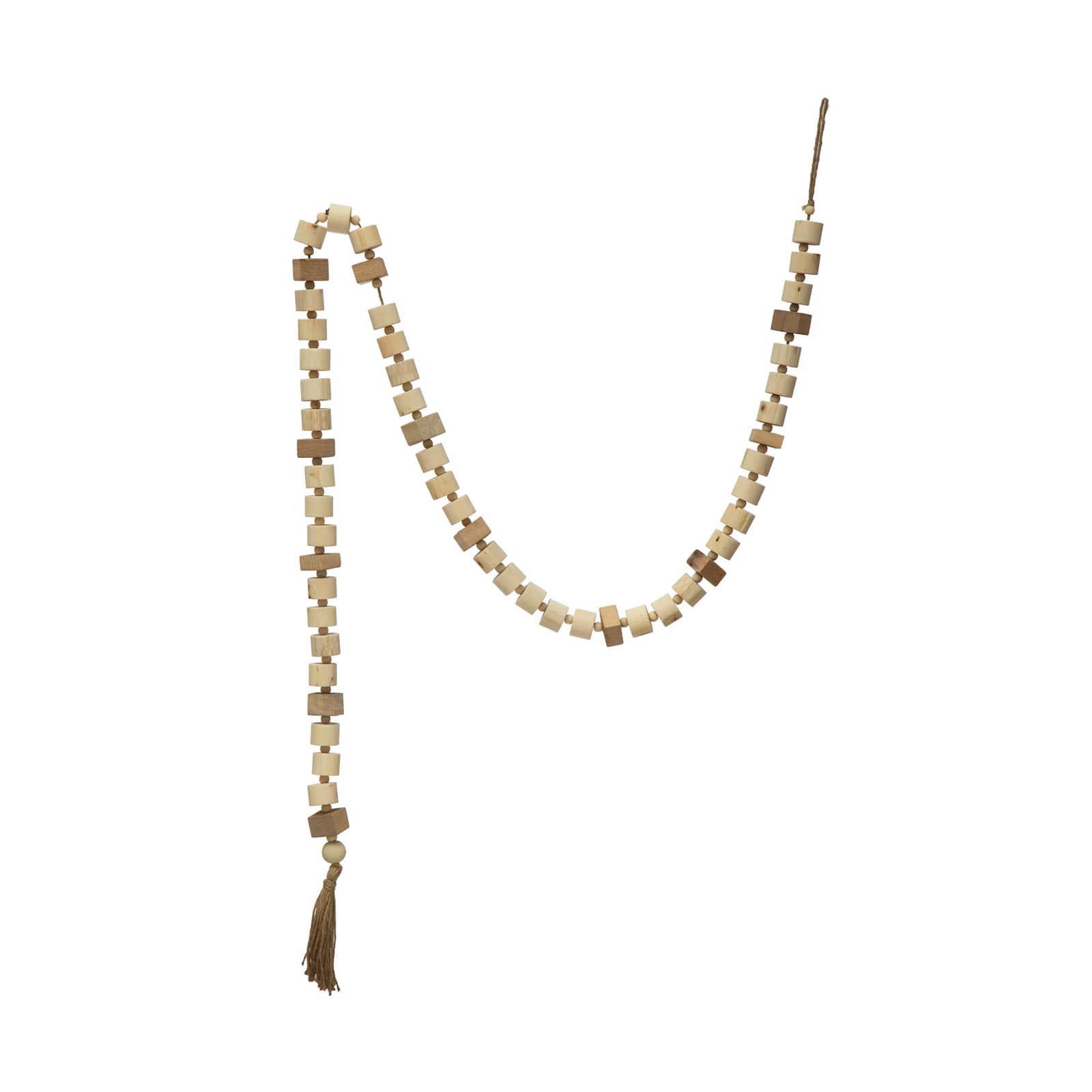 Hello Honey&#xAE; 6ft. Natural Paulownia Wood Block Bead with Jute Tassels Garland