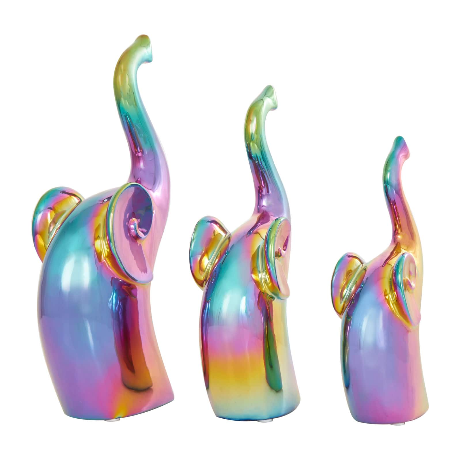 Multicolor Ceramic Elephant Sculpture Set with Rainbow Shimmer Finish