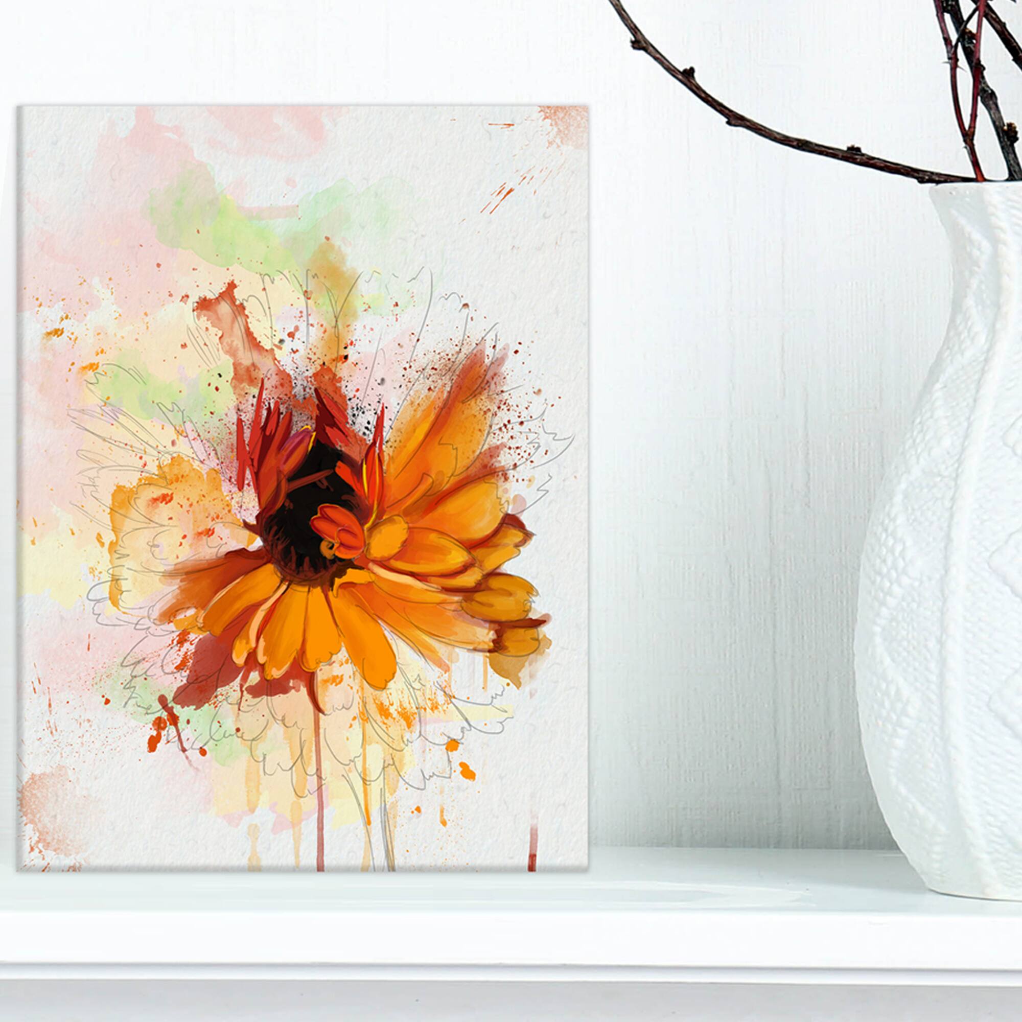 Designart - Sunflower Drawing with Paint Splashes - Floral Canvas Art Print