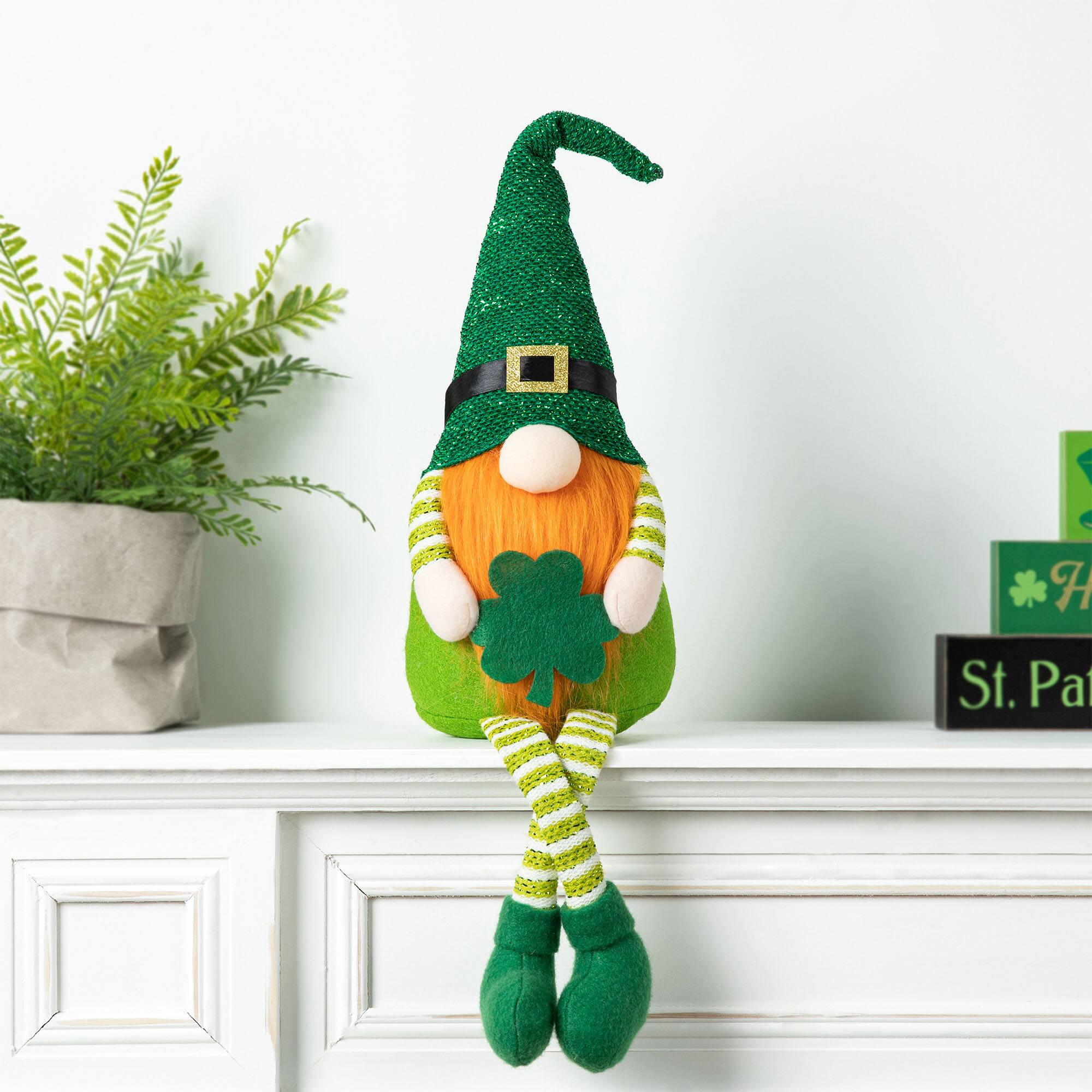 Glitzhome® 28.25'' St. Patrick's Fabric Gnome Shelf Sitter with Dangling Legs