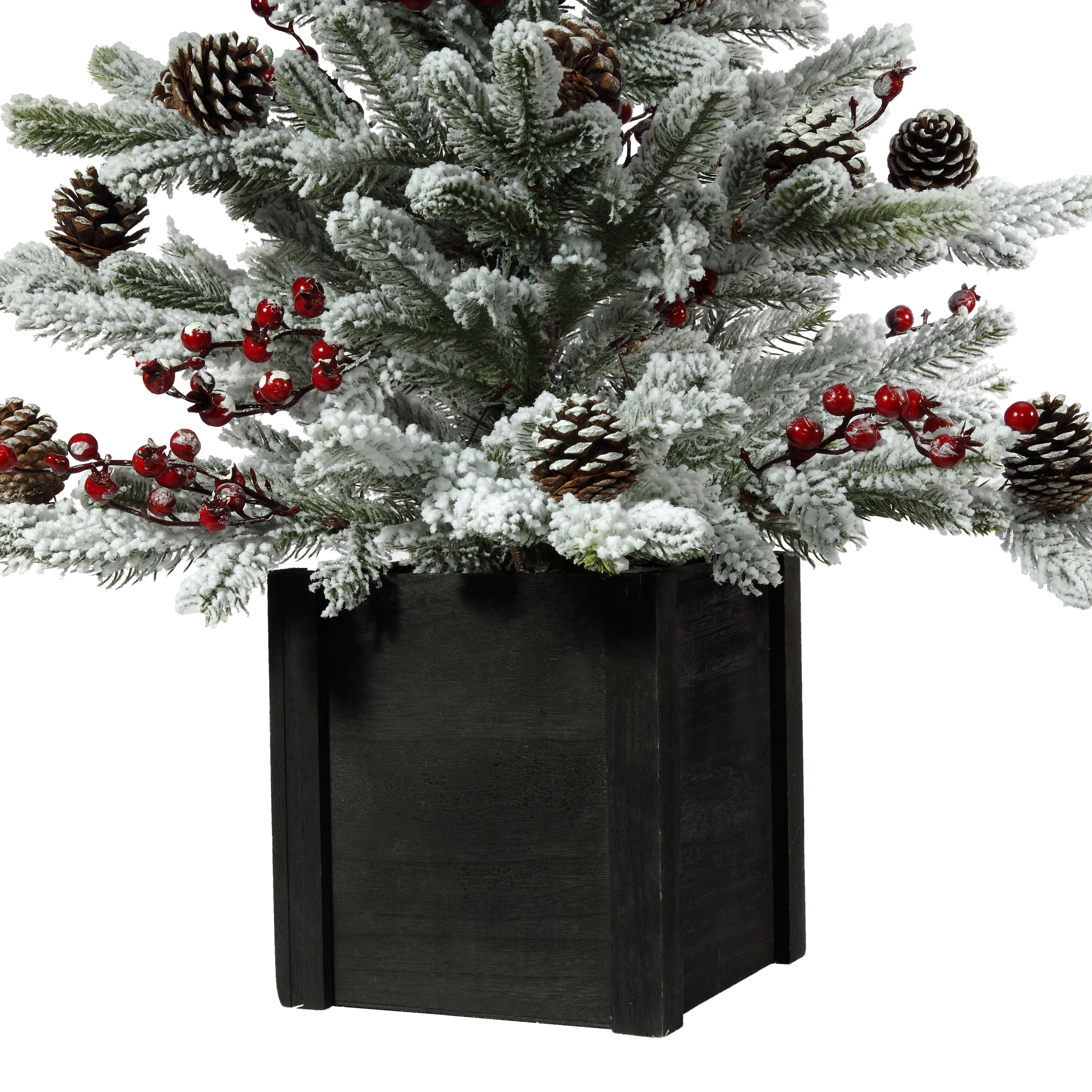 3ft. Unlit Flocked Stockhorn Fir Artificial Christmas Tree in Wooden Pot