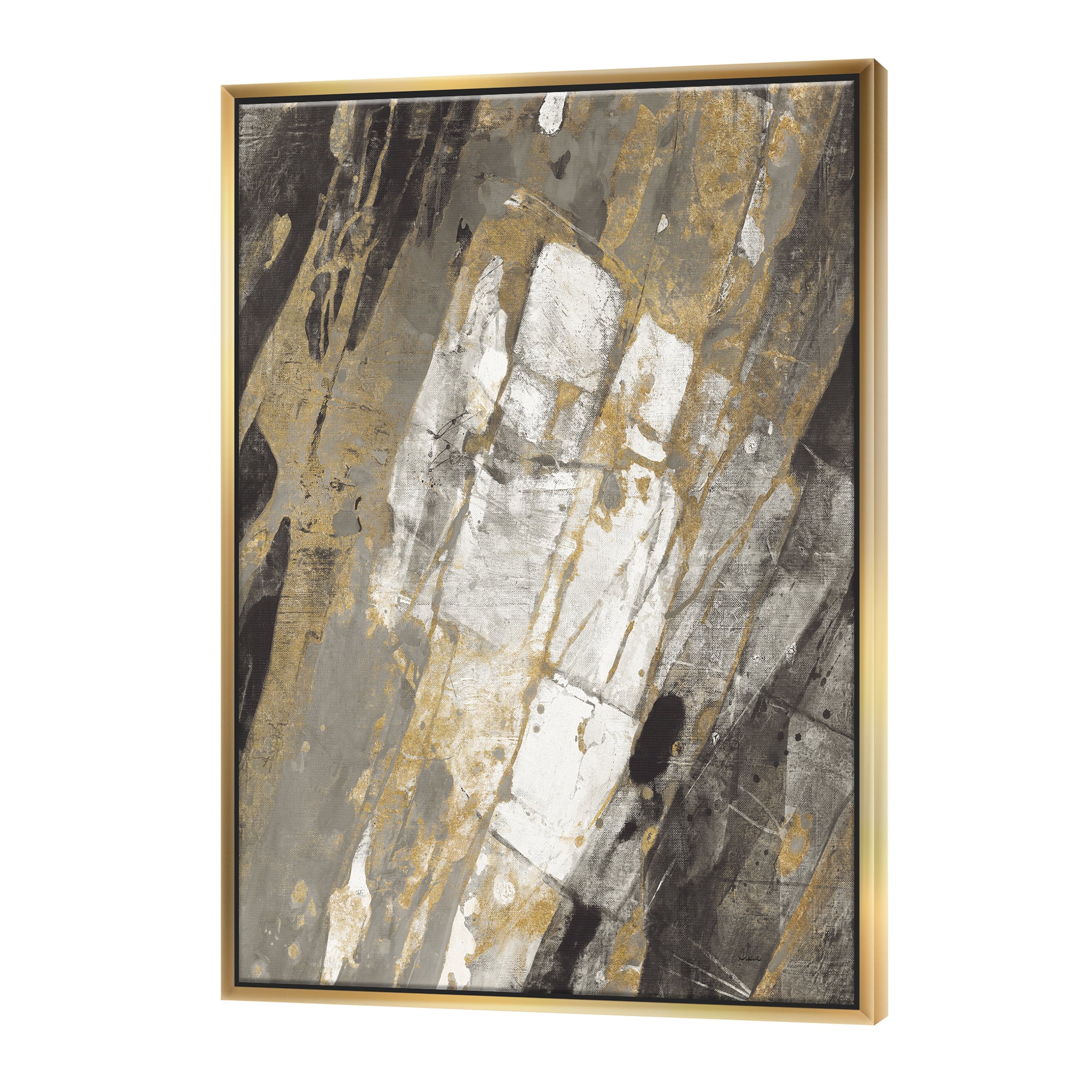 Designart - Gold, Black and White Hanpainted Abstract - Traditional Canvas in Gold Frame