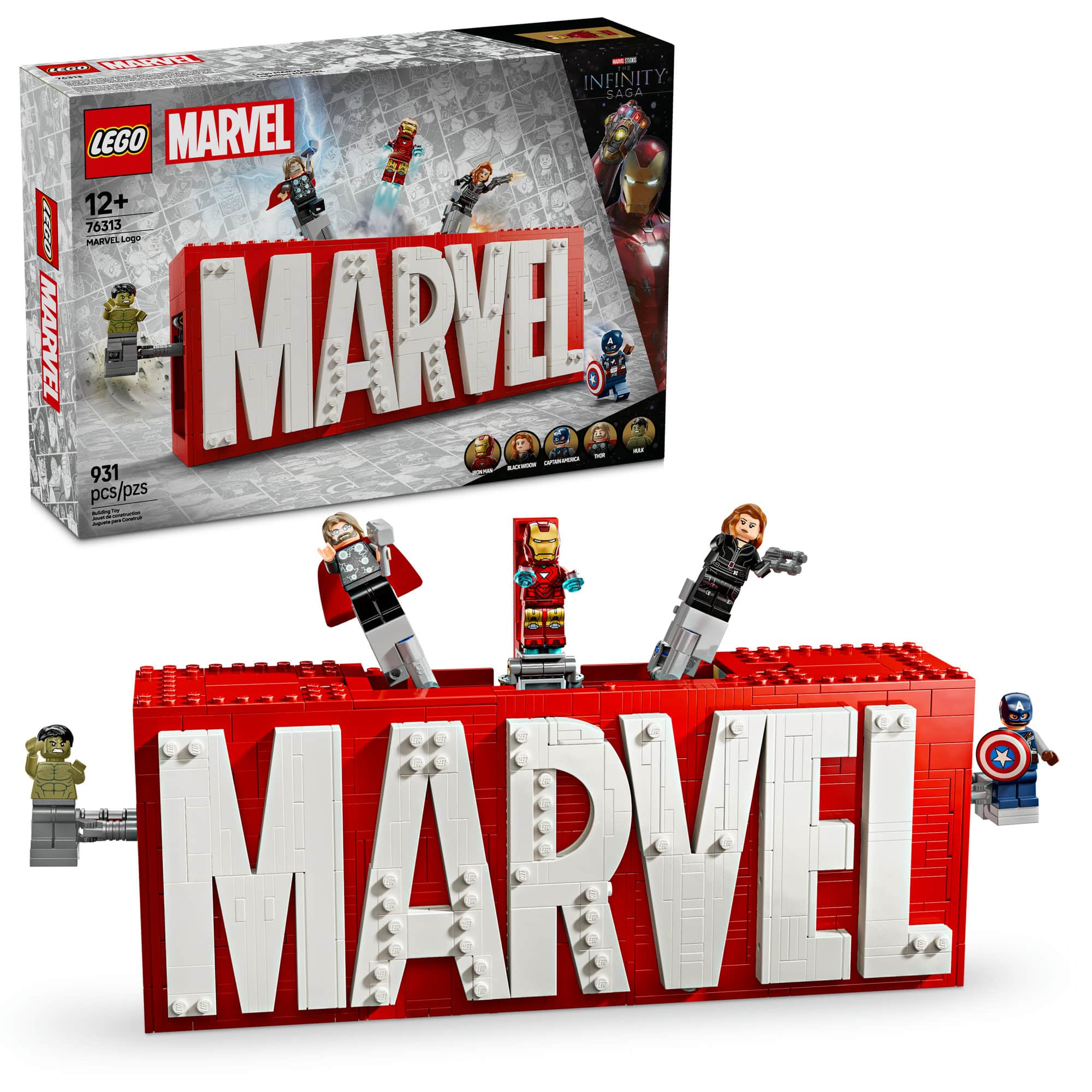LEGO&#xAE; Marvel: MARVEL Logo &#x26; Minifigures Collectible, Buildable Set 76313