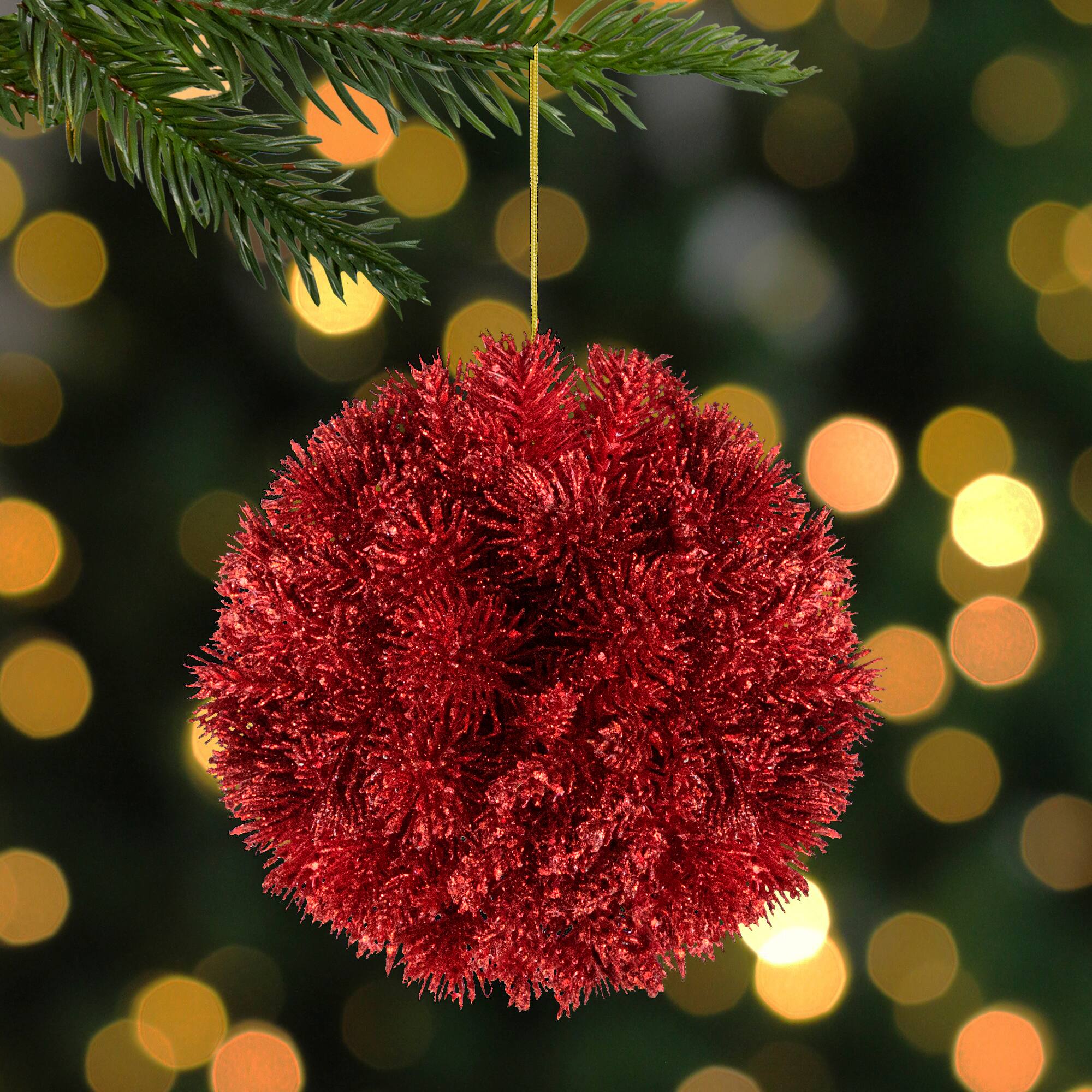 Red Glittered Pine Leaf Christmas Plastic Ball Ornament