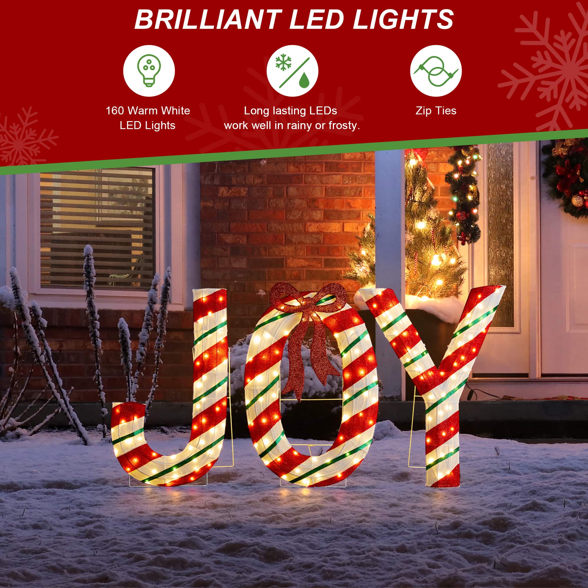 Glitzhome&#xAE; 70.75&#x22;L Lighted Christmas 2.5D Fabric Peppermint JOY Outdoor Decor Set